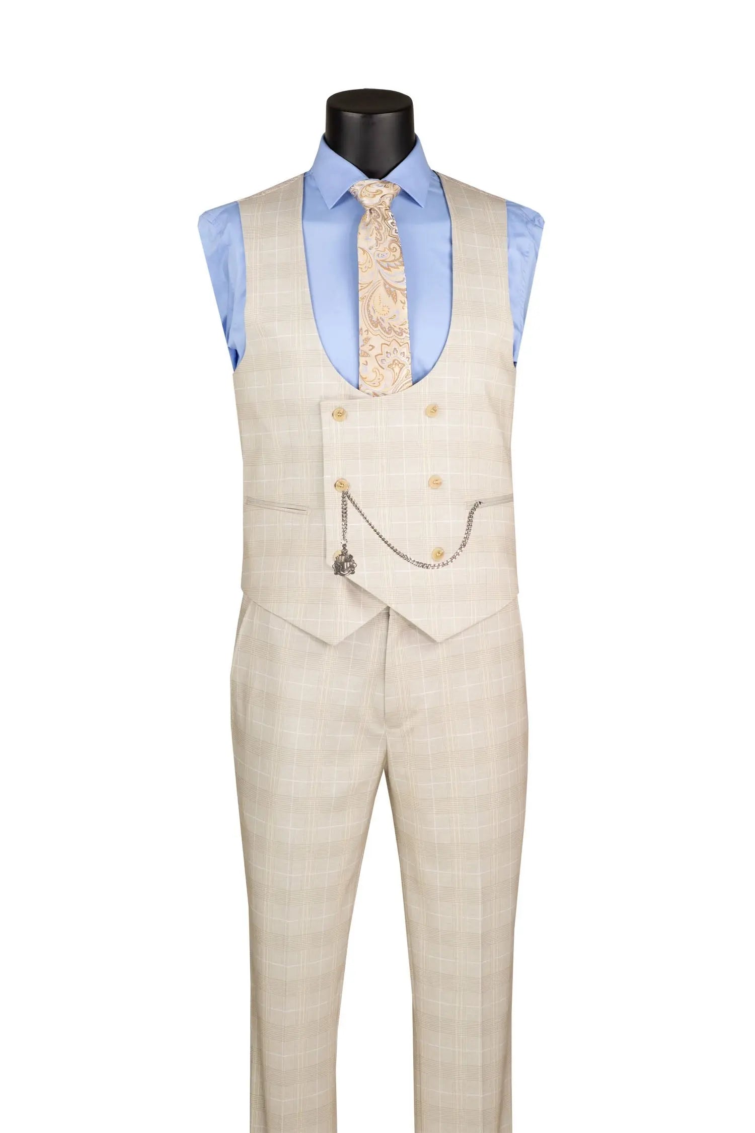 Men's 3-Piece Slim Plaid Double Breast Vest Suit M & R Clothing
