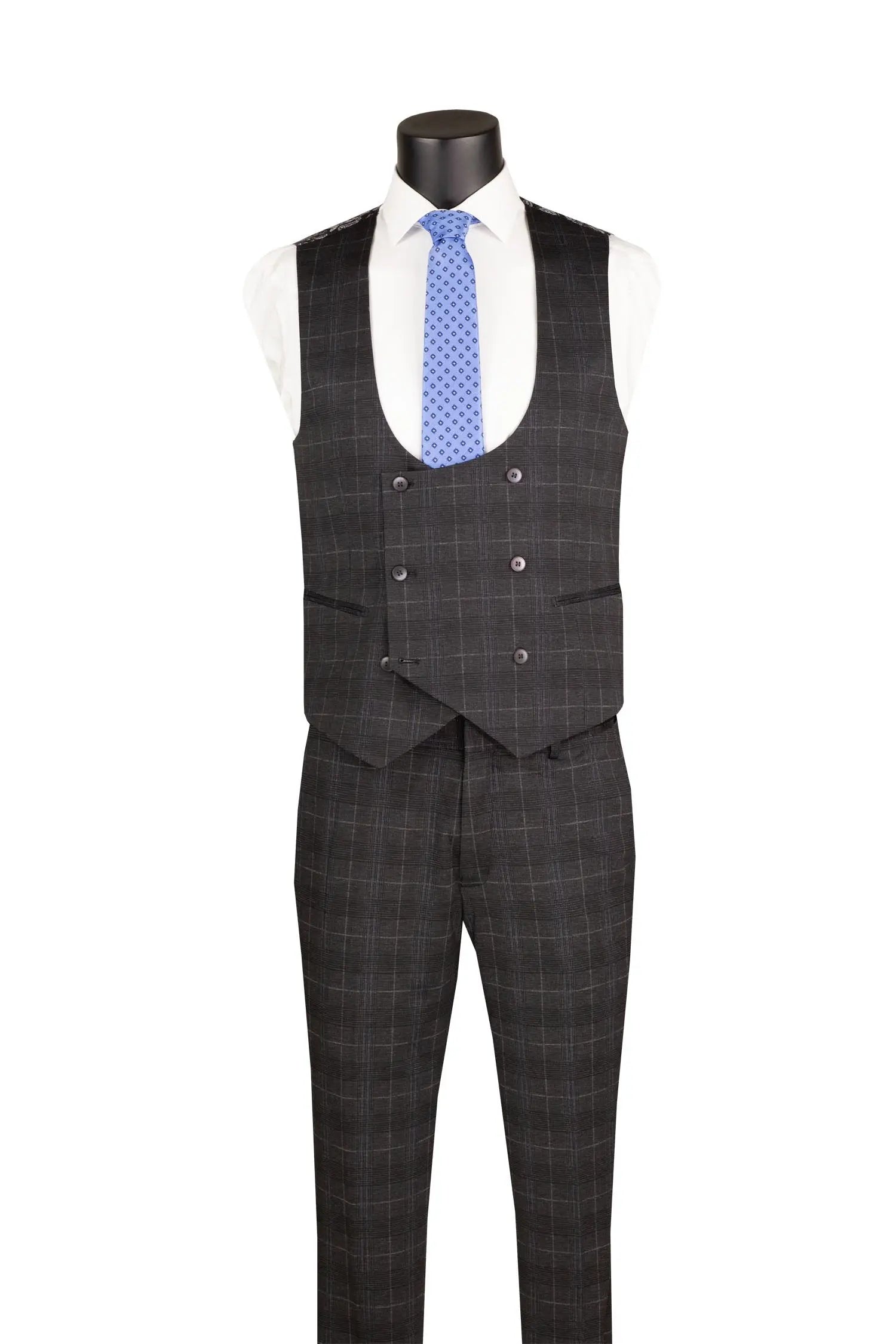 Men's 3-Piece Slim Plaid Double Breast Vest Suit M & R Clothing