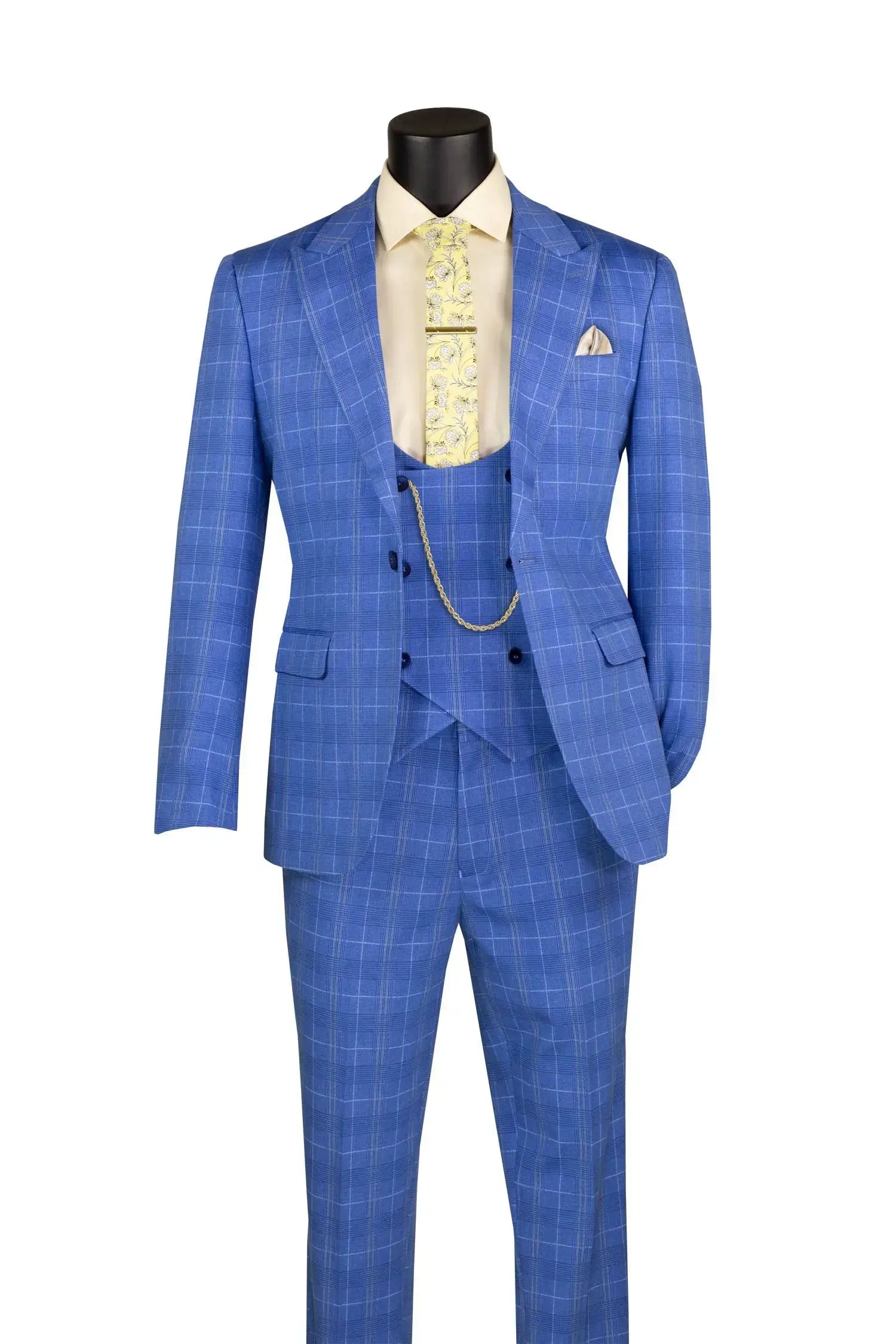 Men's 3-Piece Slim Plaid Double Breast Vest Suit M & R Clothing
