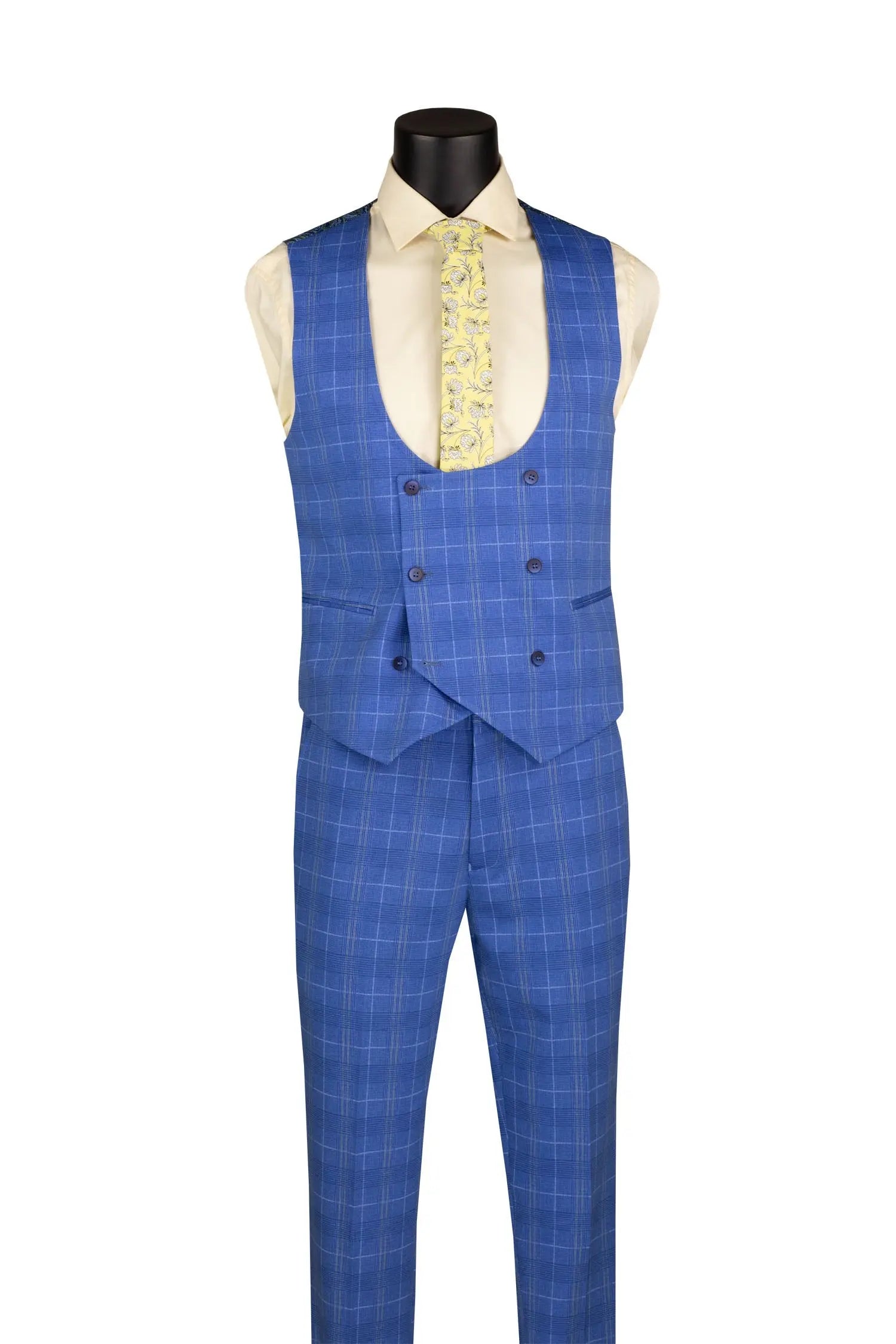 Men's 3-Piece Slim Plaid Double Breast Vest Suit M & R Clothing