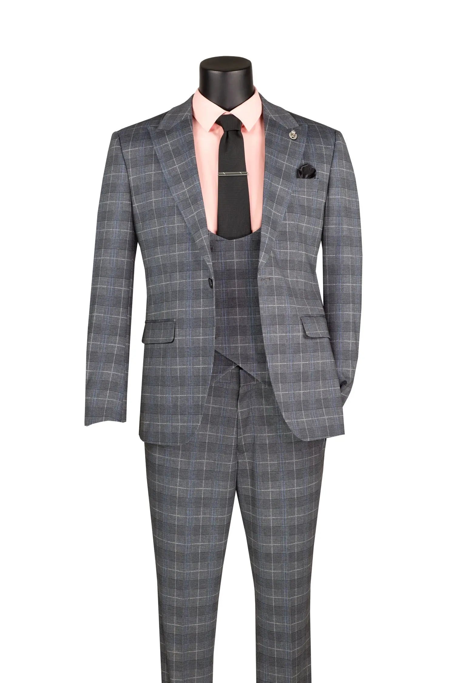 Men's 3-Piece Slim Plaid Double Breast Vest Suit M & R Clothing