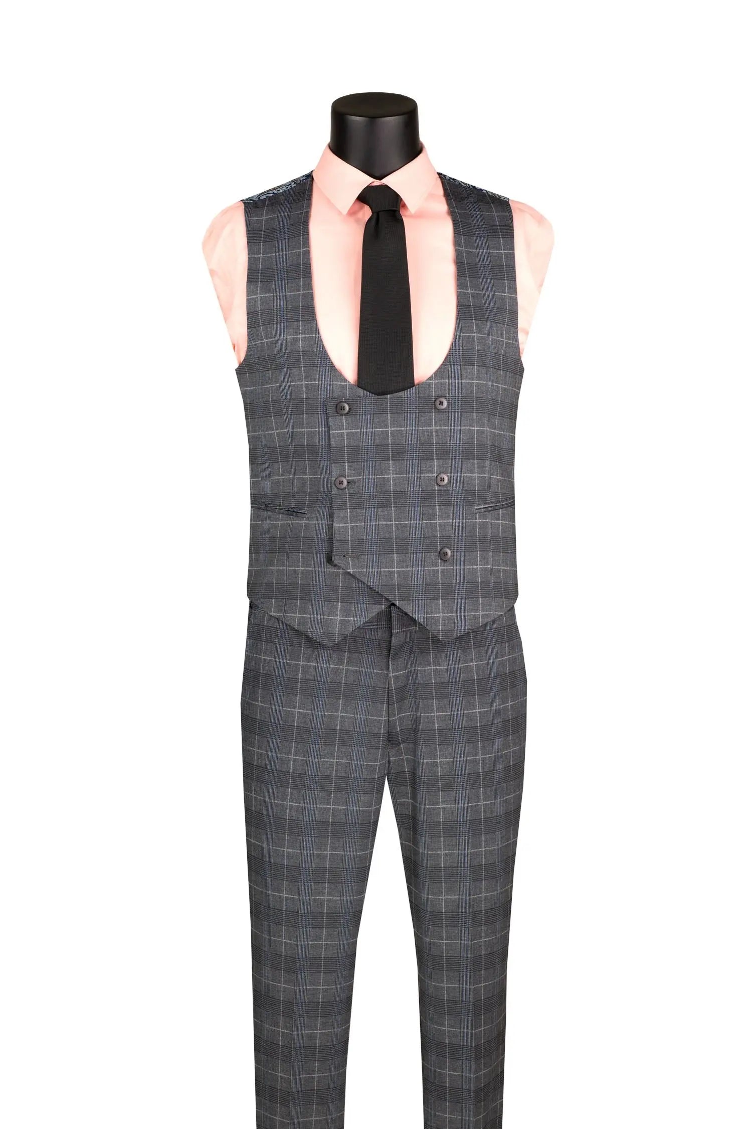 Men's 3-Piece Slim Plaid Double Breast Vest Suit M & R Clothing