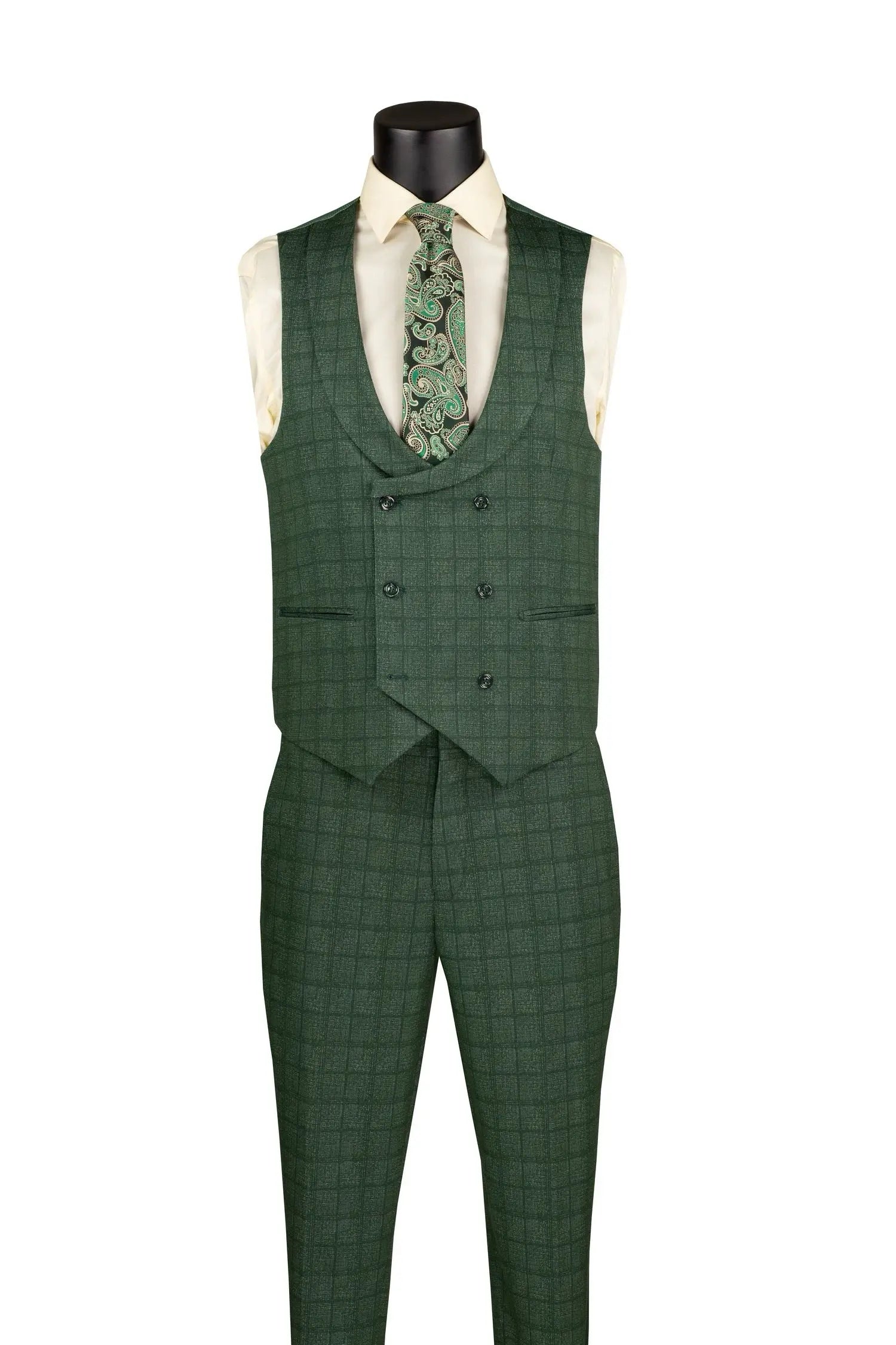 Men's 3-Piece Slim Printed Plaid Double Breast Vest Suit with Lapel M & R Clothing