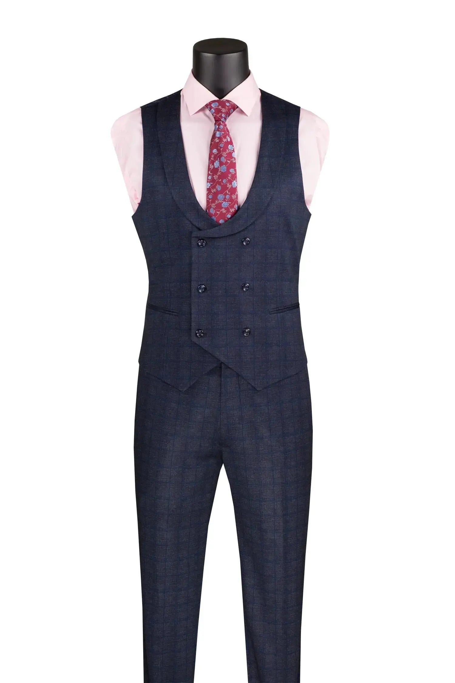 Men's 3-Piece Slim Printed Plaid Double Breast Vest Suit with Lapel M & R Clothing