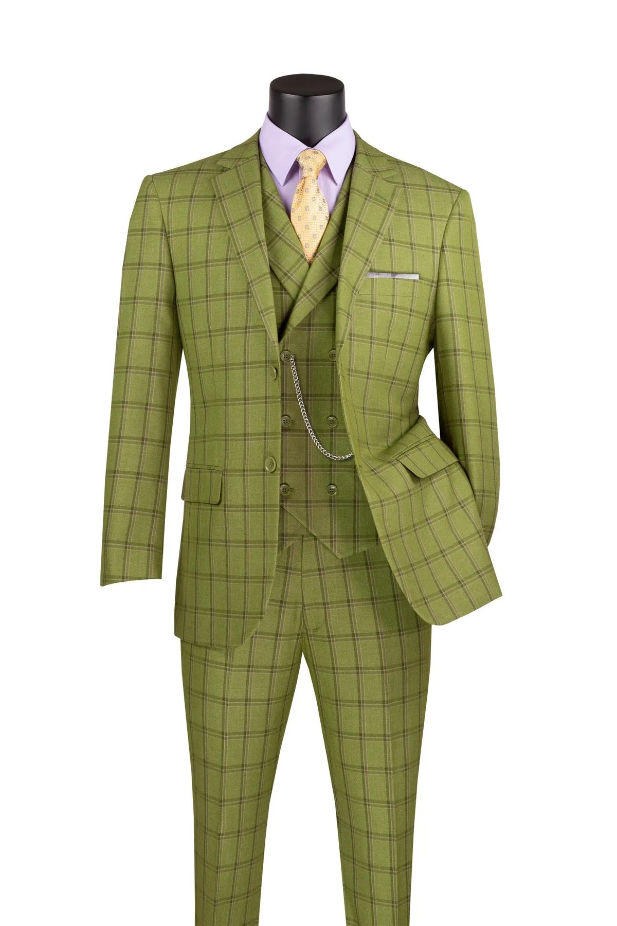 A three-piece olive green windowpane plaid suit displayed on a black mannequin torso, styled with a light purple dress shirt and a yellow patterned tie against a plain white background.