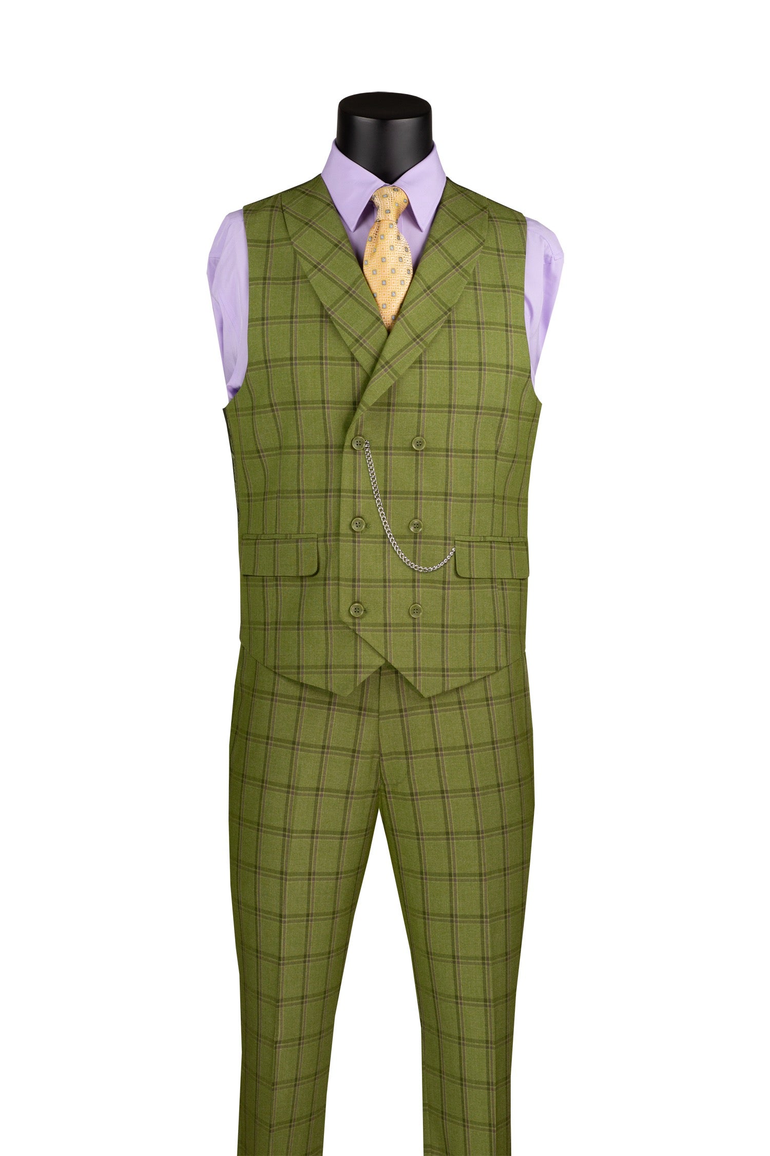 Green checkered suit vest and pants on a mannequin with a white background