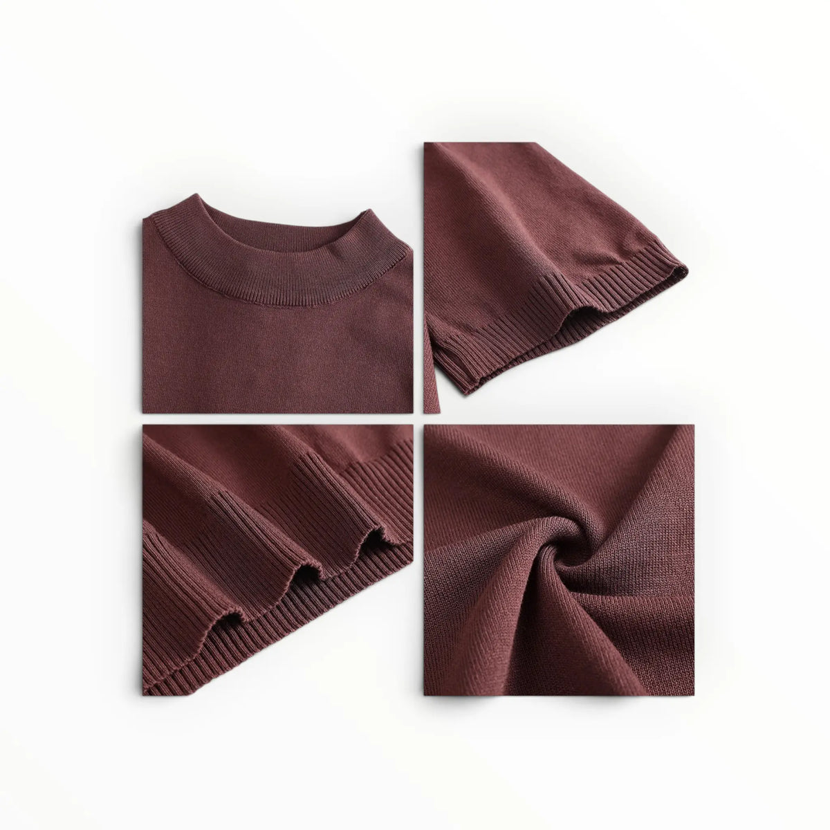 A four-panel close-up layout showing a ribbed knit garment in a deep burgundy color. The panels include a folded view of the crew neck, a folded view of the ribbed sleeve cuff, a close-up of the ribbed hem, and a fabric texture swatch on a clean white background.
