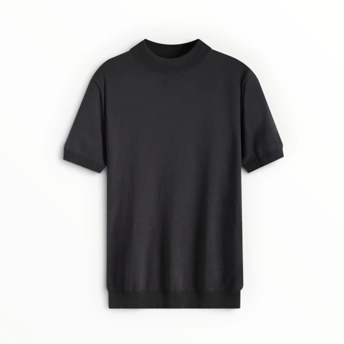 A black short-sleeve crewneck knit sweater displayed flat against a clean white background.