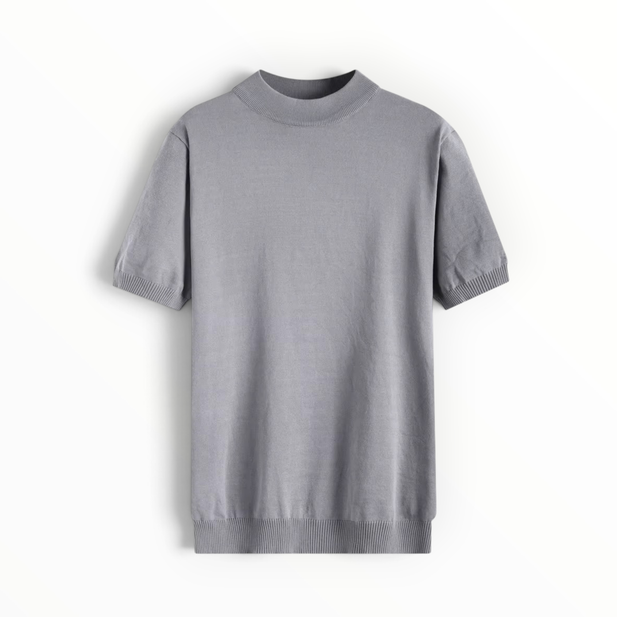 A light gray short-sleeve knit top with a mock neck and ribbed cuffs and hem, displayed flat against a white background.