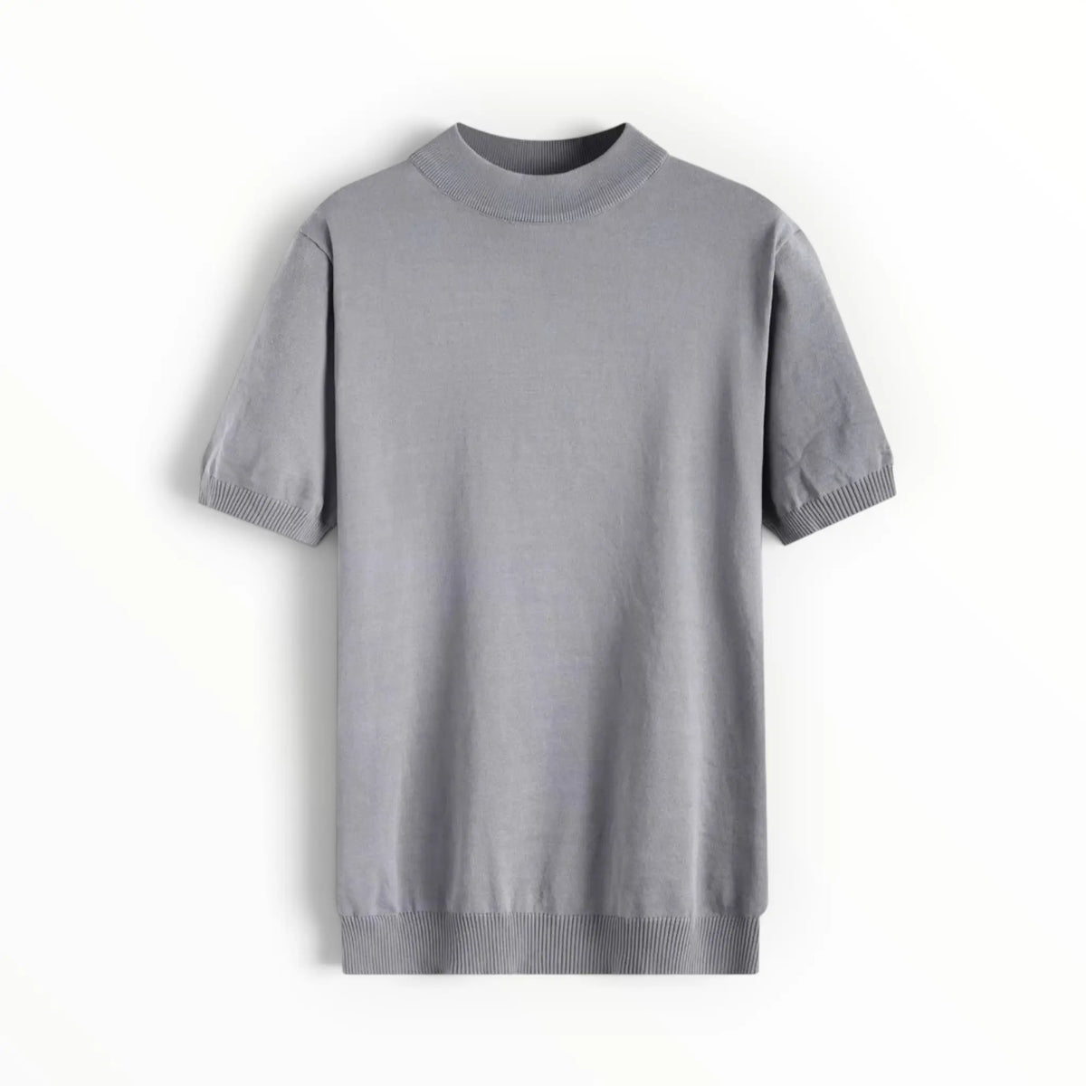 A light gray short-sleeve knit top with a mock neck and ribbed cuffs and hem, displayed flat against a white background.