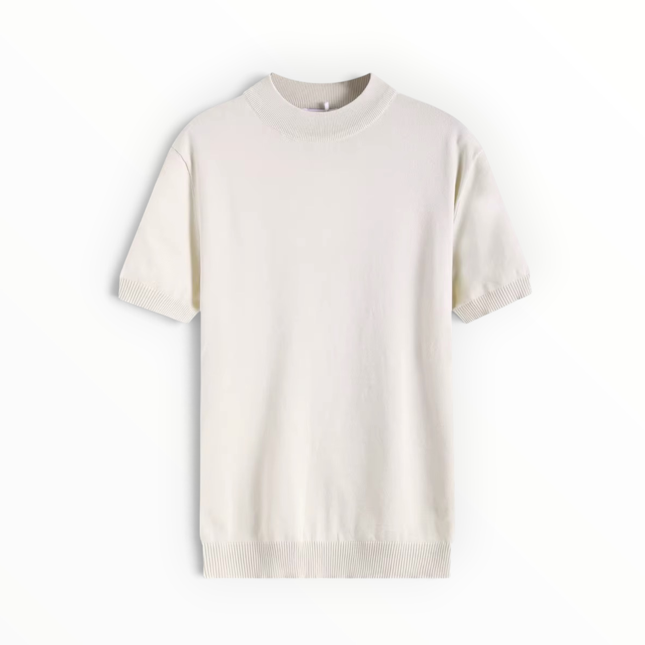 A short-sleeve crewneck knit sweater in a warm off-white or cream color, displayed flat against a clean white background.