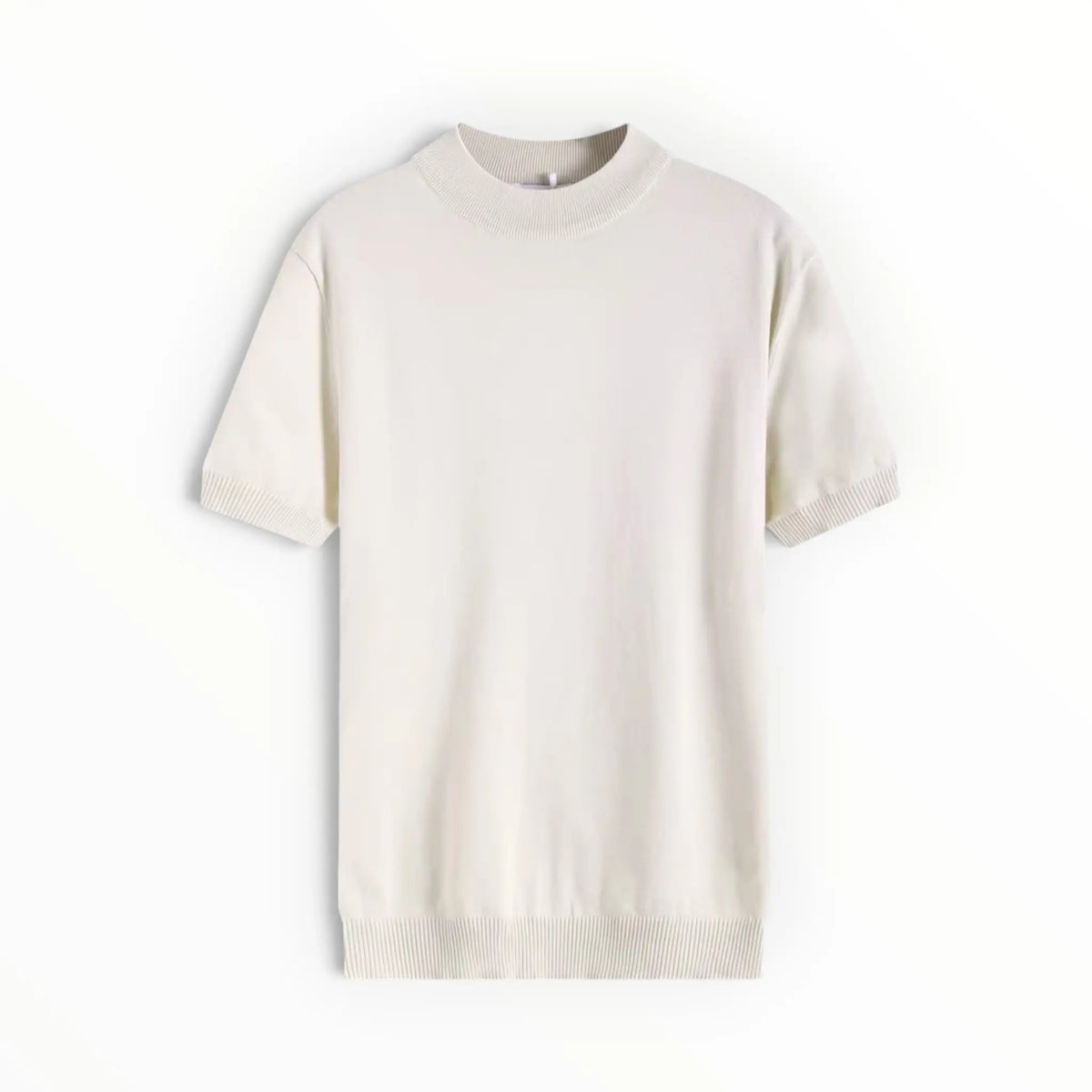 A short-sleeve crewneck knit sweater in a warm off-white or cream color, displayed flat against a clean white background.