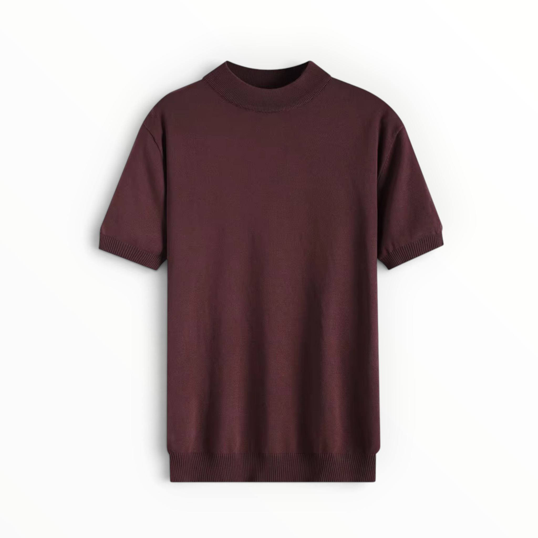 A short-sleeve crewneck knit sweater in a deep burgundy color, displayed flat against a clean white background.