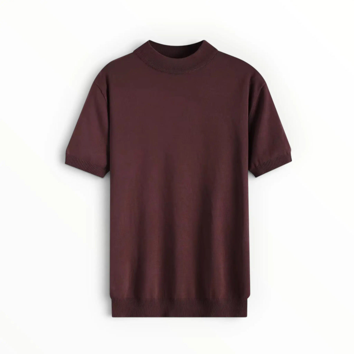 A short-sleeve crewneck knit sweater in a deep burgundy color, displayed flat against a clean white background.