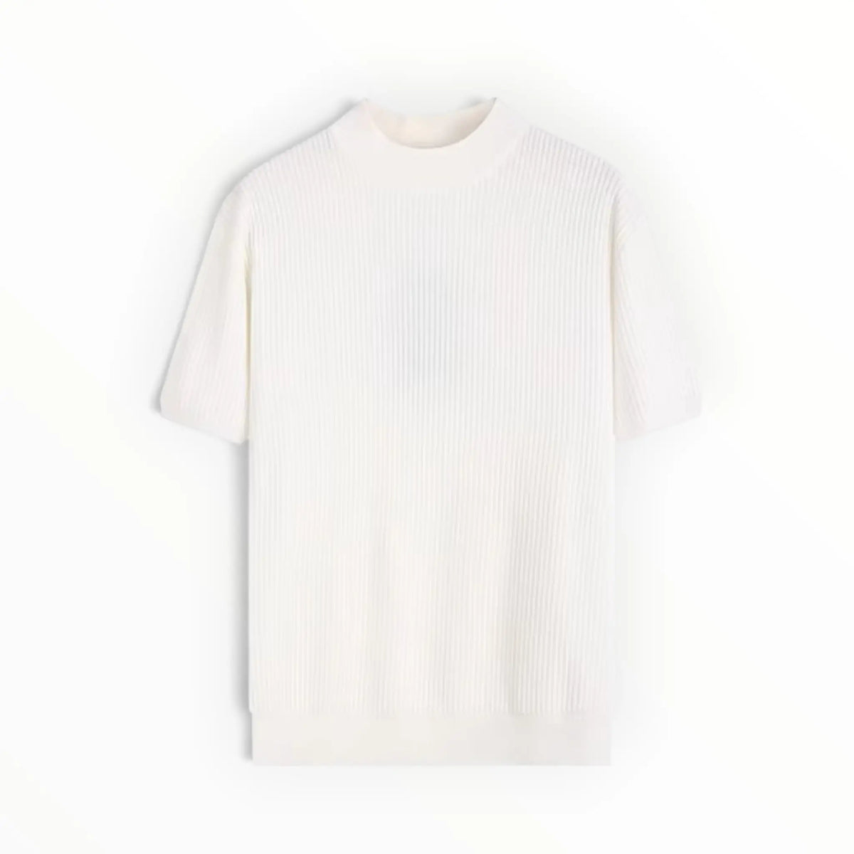 A short-sleeve ribbed knit mock neck sweater in off-white, displayed flat against a clean white background.