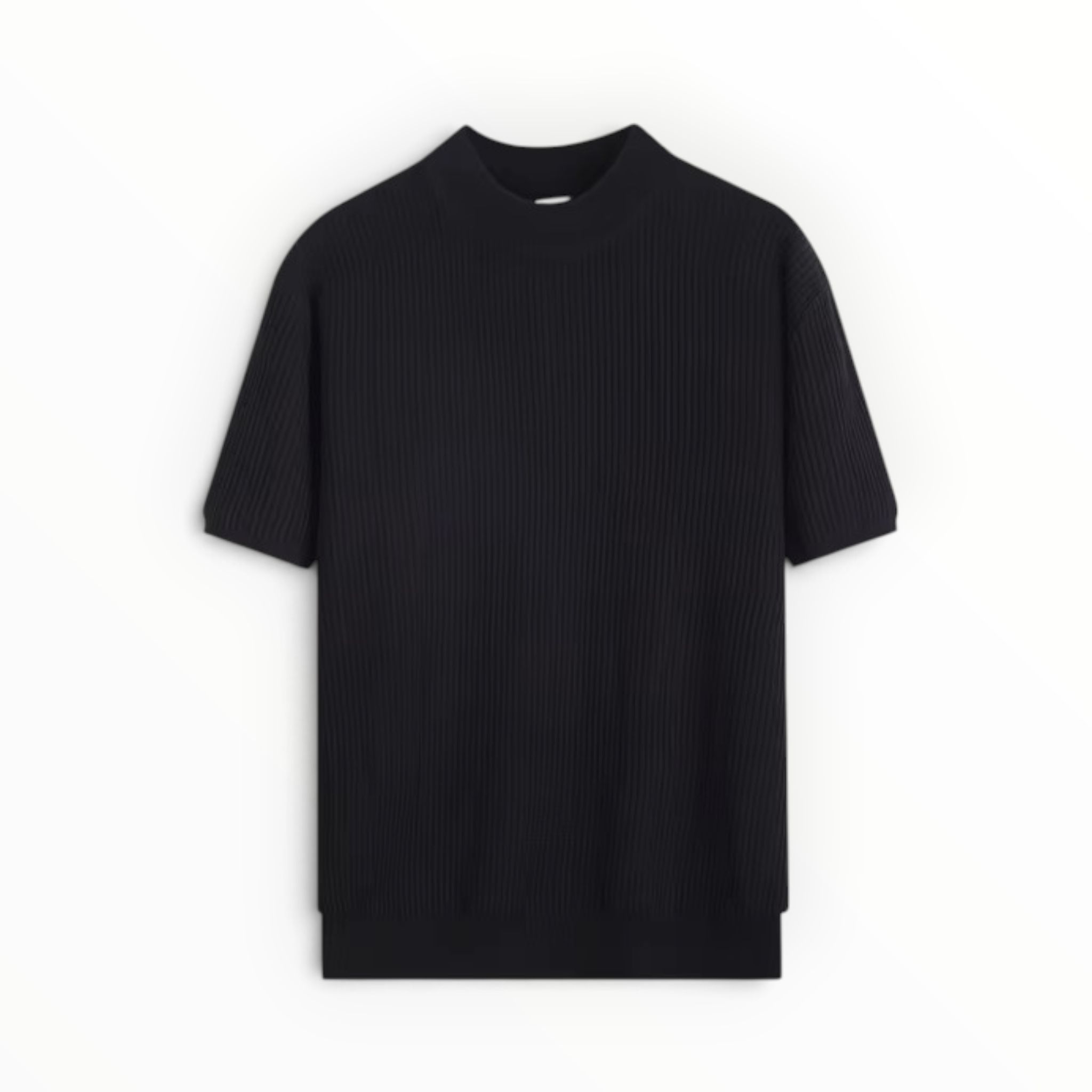 A black short-sleeve ribbed knit t-shirt with a mock neck, displayed flat against a plain white background.