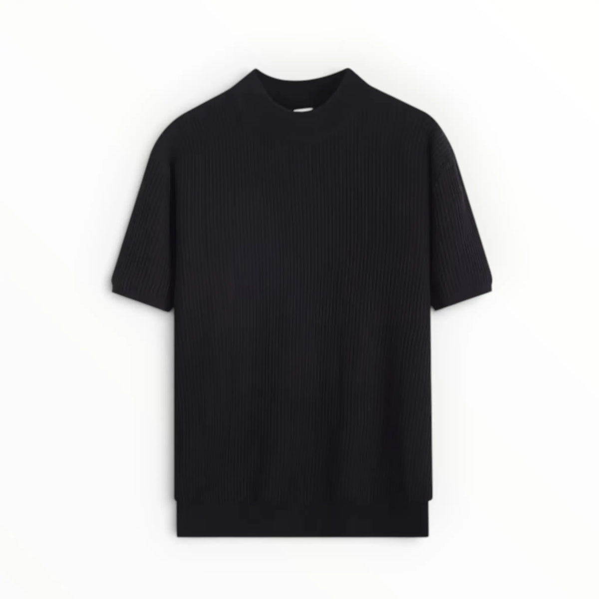 A black short-sleeve ribbed knit t-shirt with a mock neck, displayed flat against a plain white background.