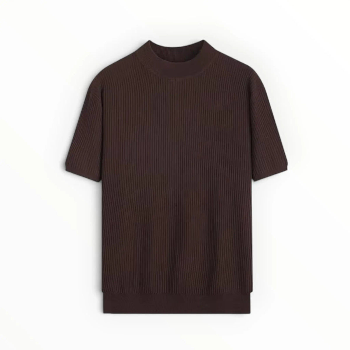 A dark brown ribbed short-sleeve knit top with a crew neck, displayed flat against a plain white background.