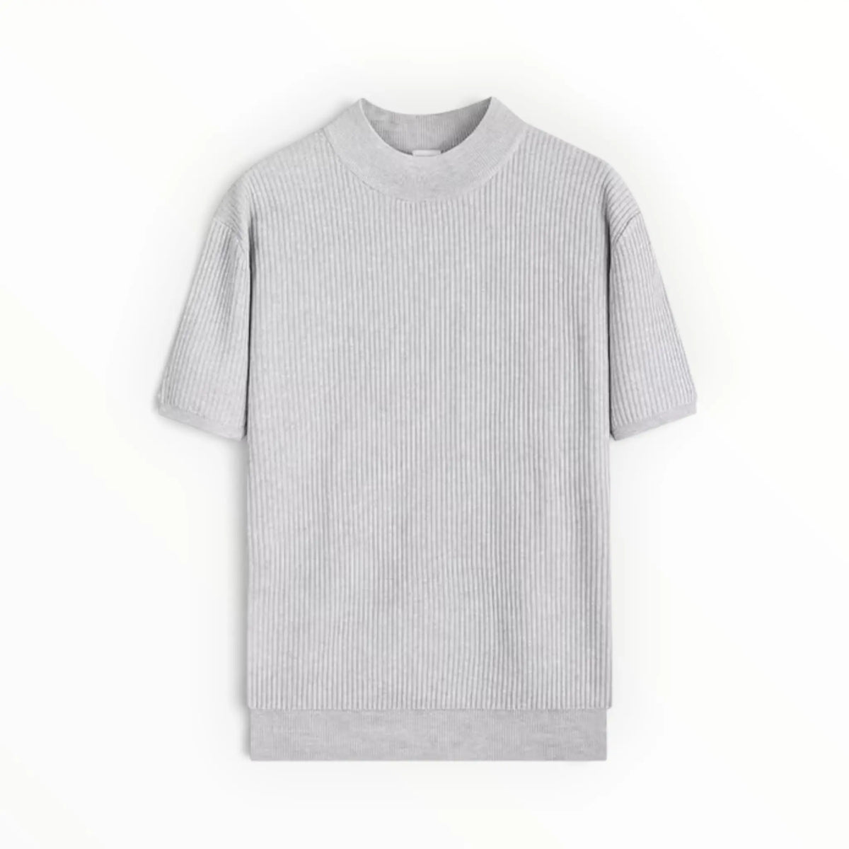 A light gray ribbed short-sleeve knit top with a crew neck, displayed flat against a clean white background.
