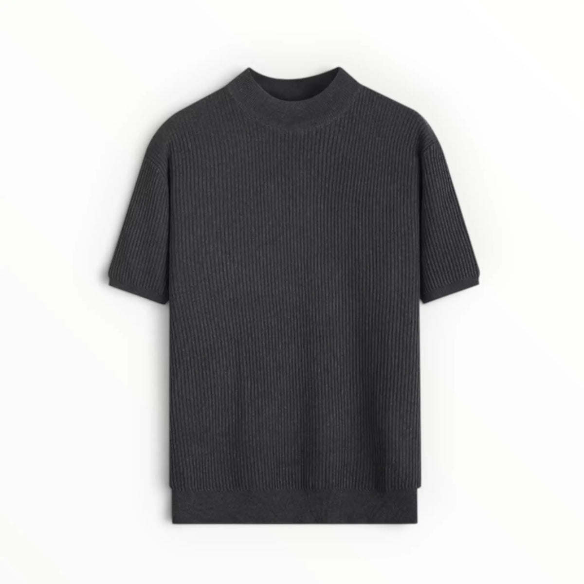 A dark charcoal gray ribbed short-sleeve knit sweater with a mock neck, displayed flat against a clean white background.