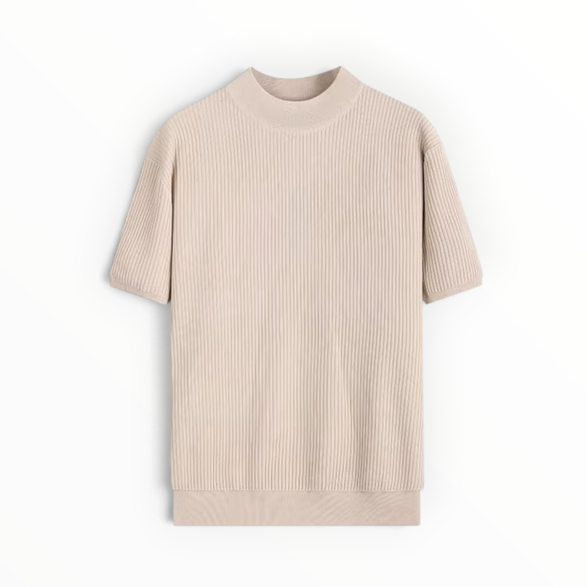 A light beige ribbed knit short-sleeve top with a crew neck, displayed flat against a clean white background.