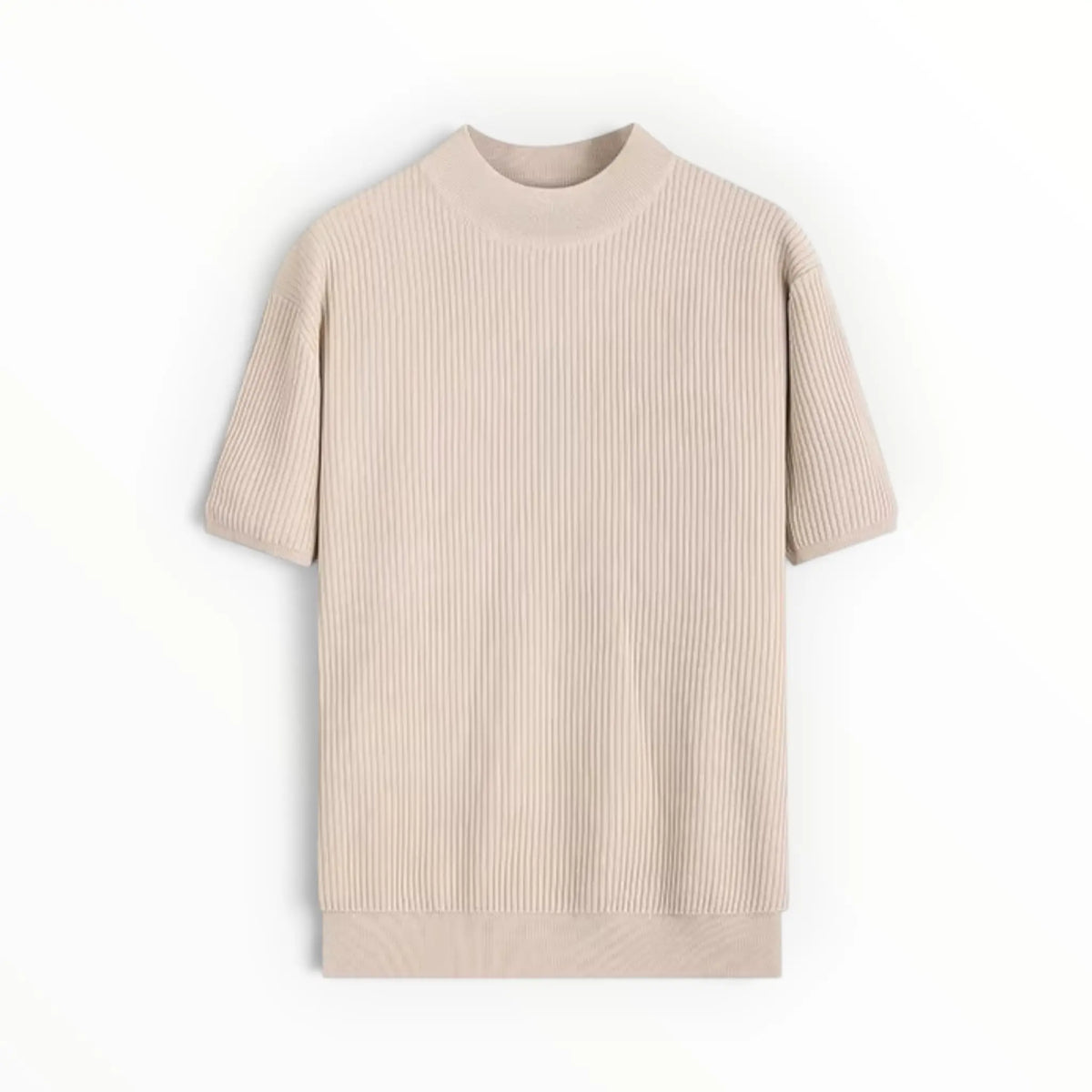 A light beige ribbed knit short-sleeve top with a crew neck, displayed flat against a clean white background.
