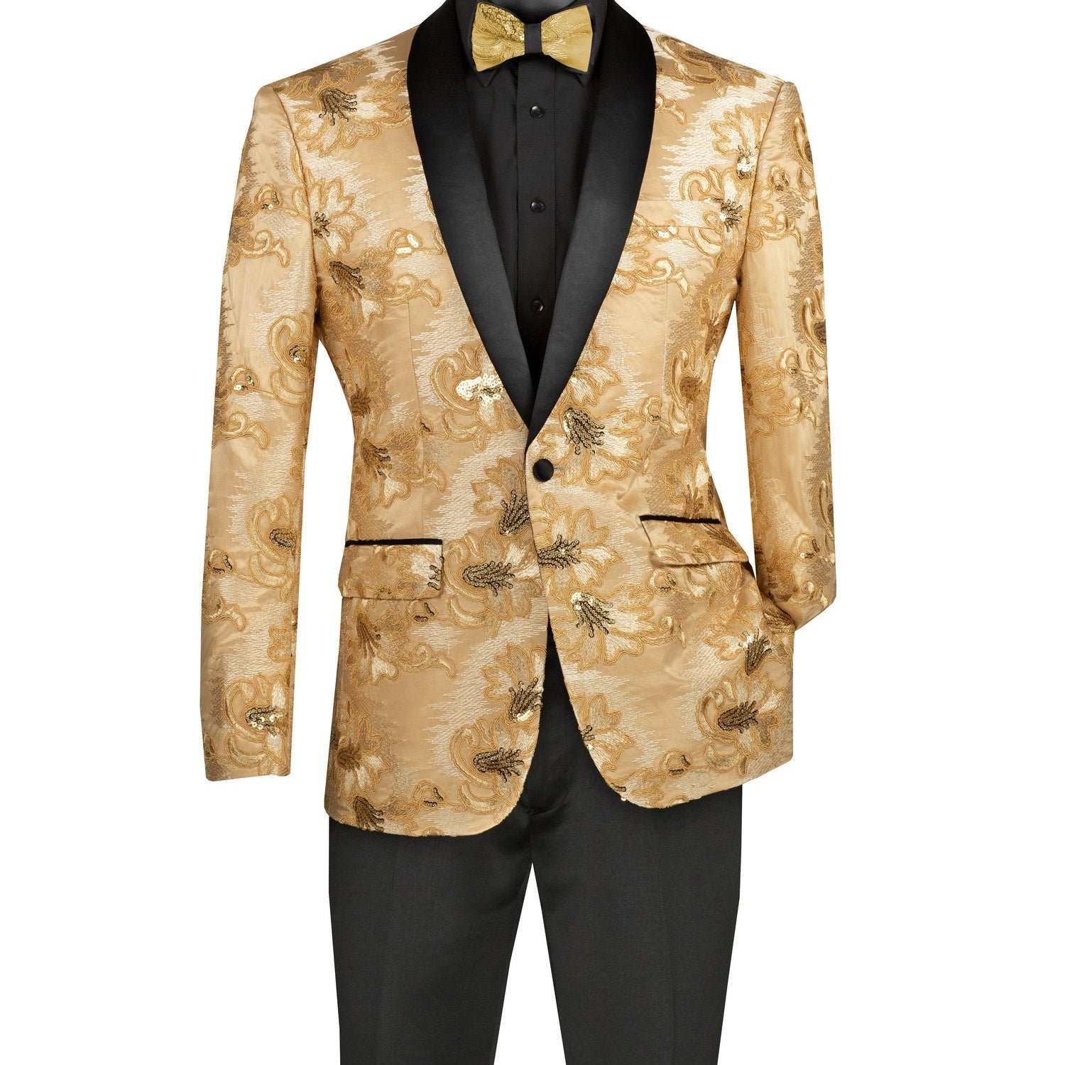 Men's Slim Fit Embroidery Blazer with Bowtie | Shawl Lapel Tuxedo Jacket