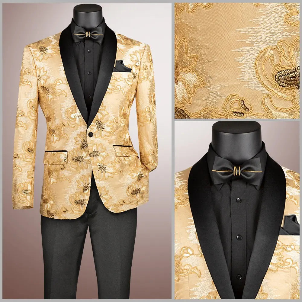 Men's Slim Fit Embroidery Blazer with Bowtie | Shawl Lapel Tuxedo Jacket M & R Clothing
