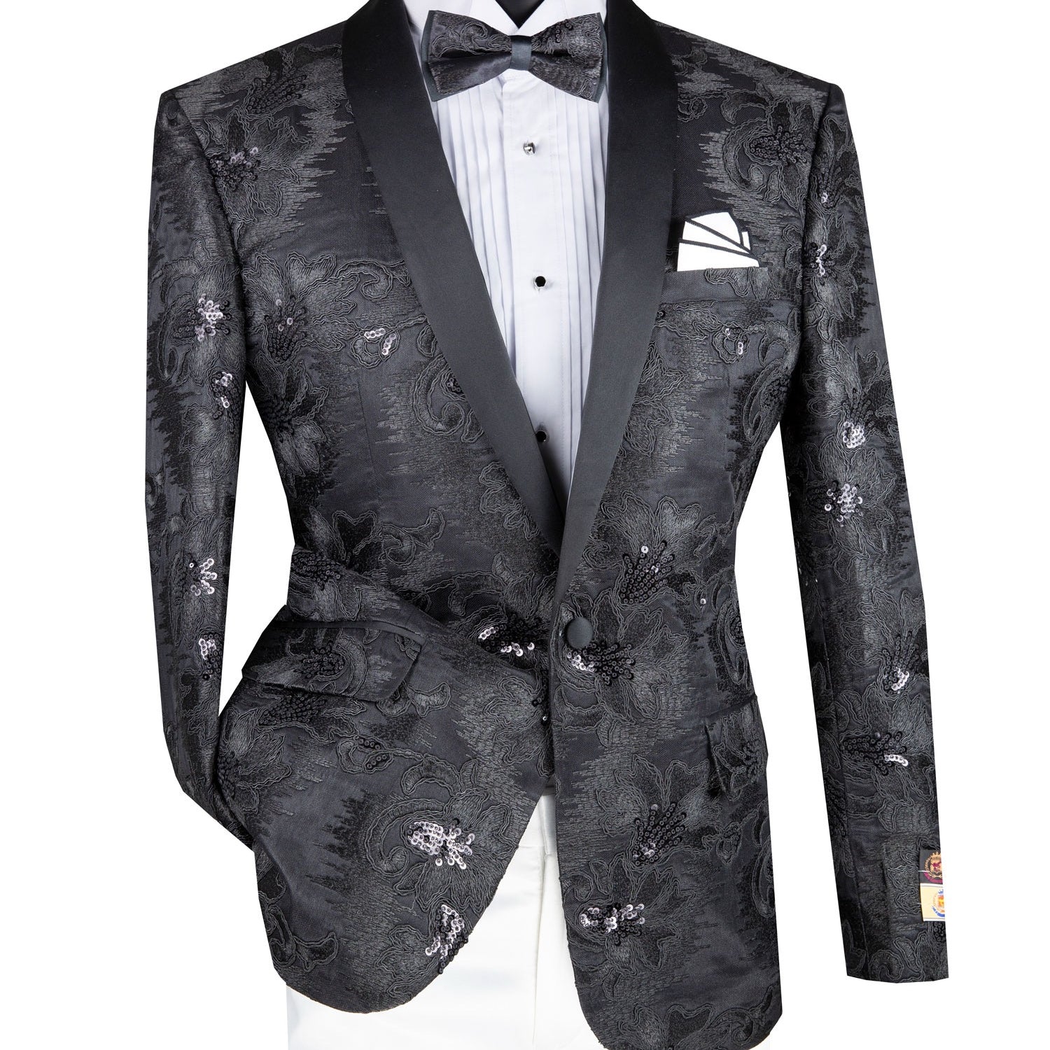 Men's Slim Fit Embroidery Blazer with Bowtie | Shawl Lapel Tuxedo Jacket