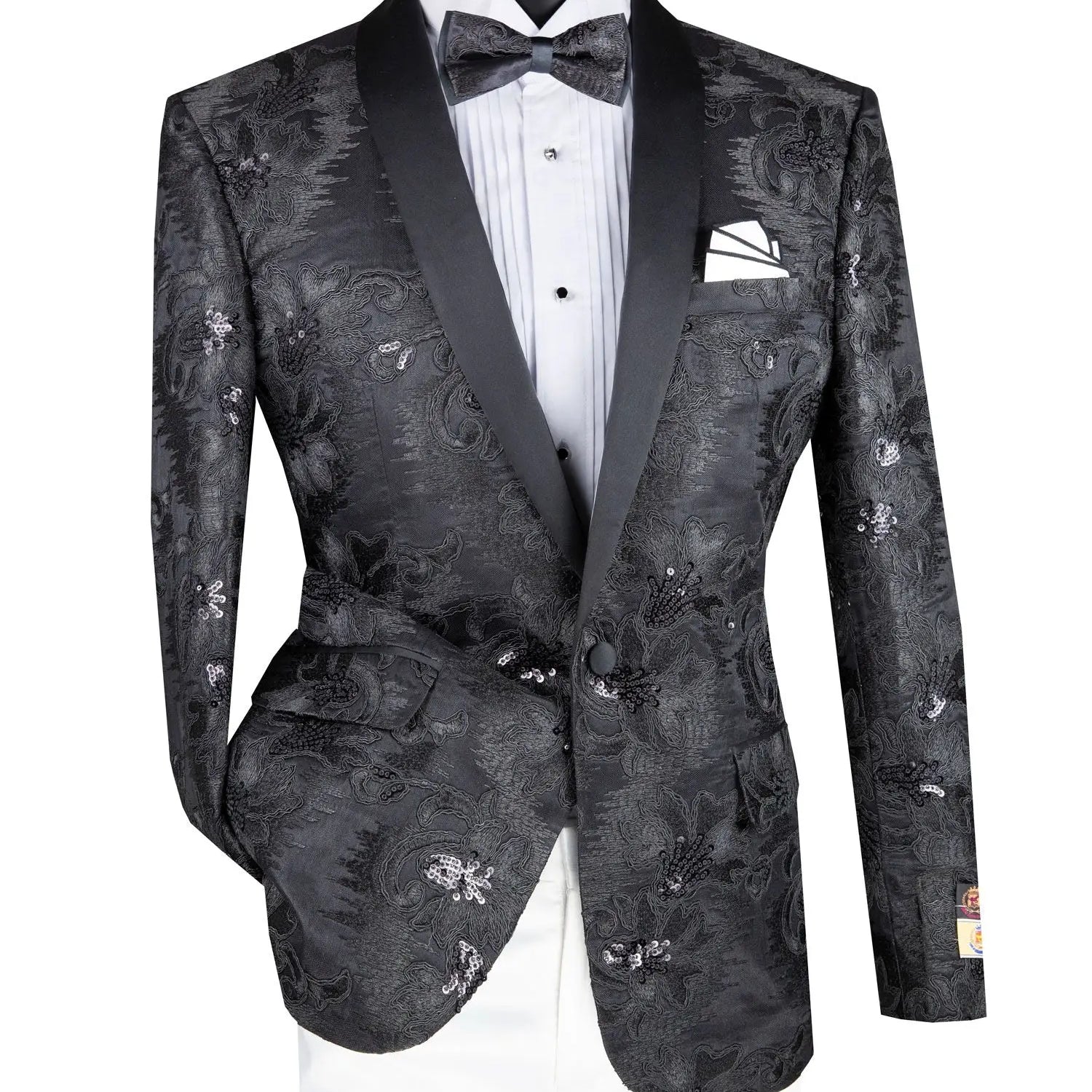 Men's Slim Fit Embroidery Blazer with Bowtie | Shawl Lapel Tuxedo Jacket M & R Clothing