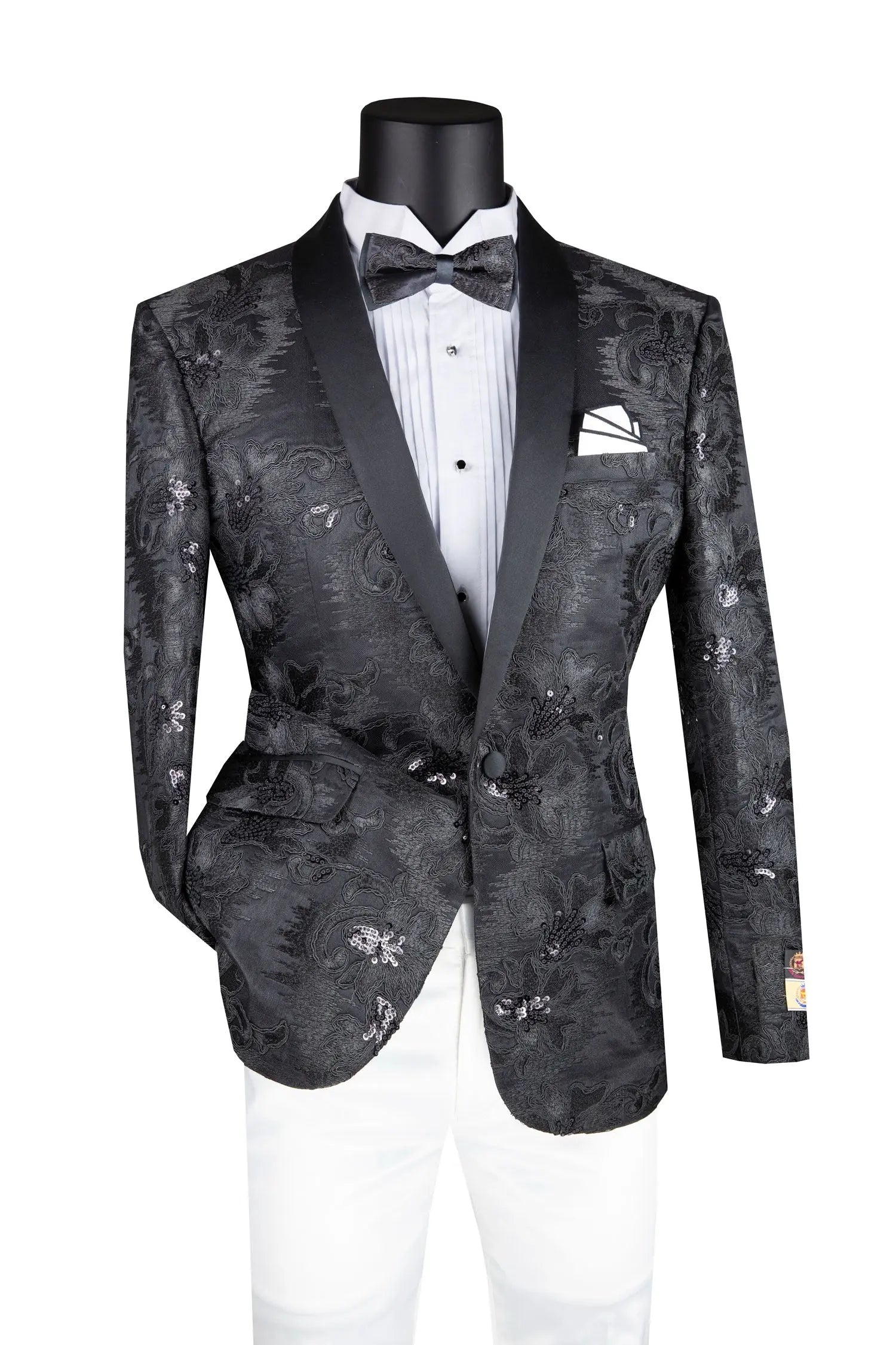 Men's Slim Fit Embroidery Blazer with Bowtie | Shawl Lapel Tuxedo Jacket M & R Clothing