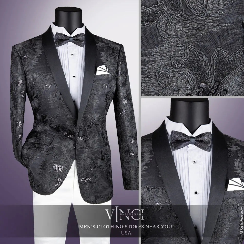 Men's Slim Fit Embroidery Blazer with Bowtie | Shawl Lapel Tuxedo Jacket M & R Clothing