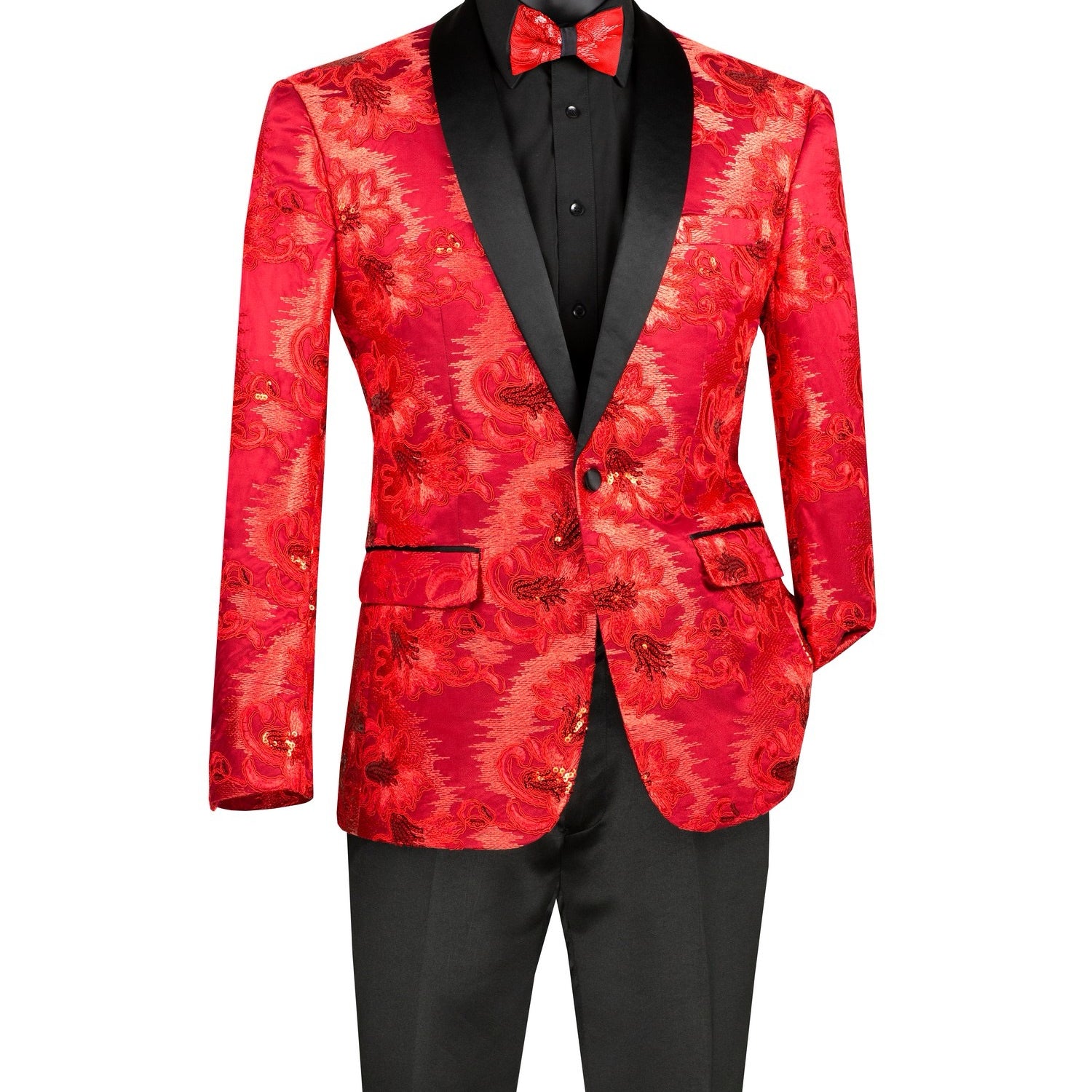 Men's Slim Fit Embroidery Blazer with Bowtie | Shawl Lapel Tuxedo Jacket