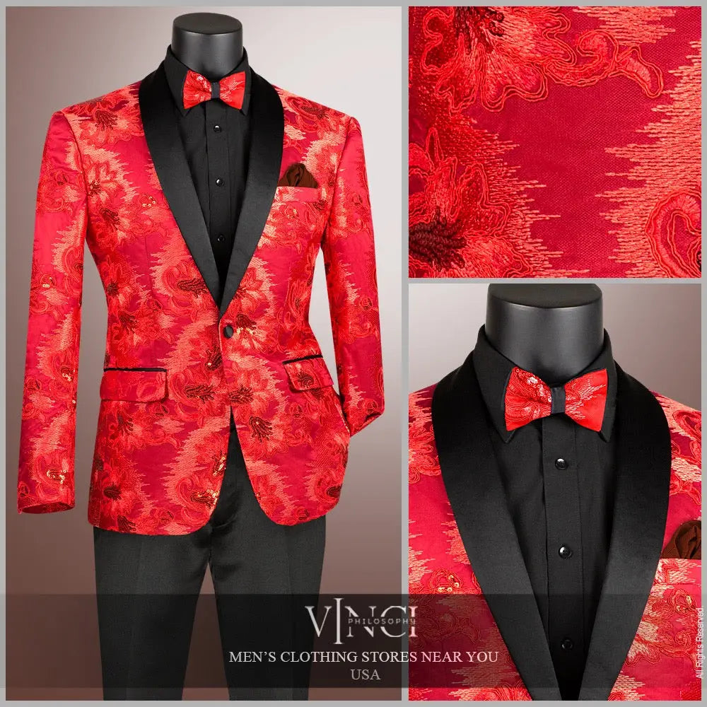 Men's Slim Fit Embroidery Blazer with Bowtie | Shawl Lapel Tuxedo Jacket M & R Clothing