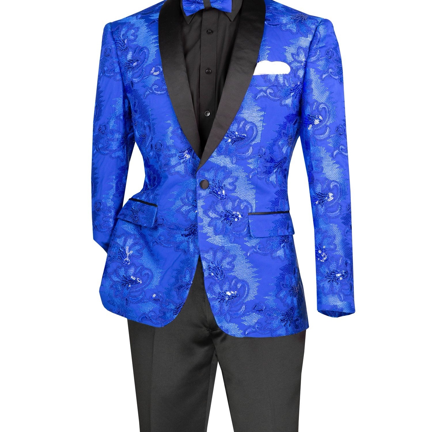 Men's Slim Fit Embroidery Blazer with Bowtie | Shawl Lapel Tuxedo Jacket
