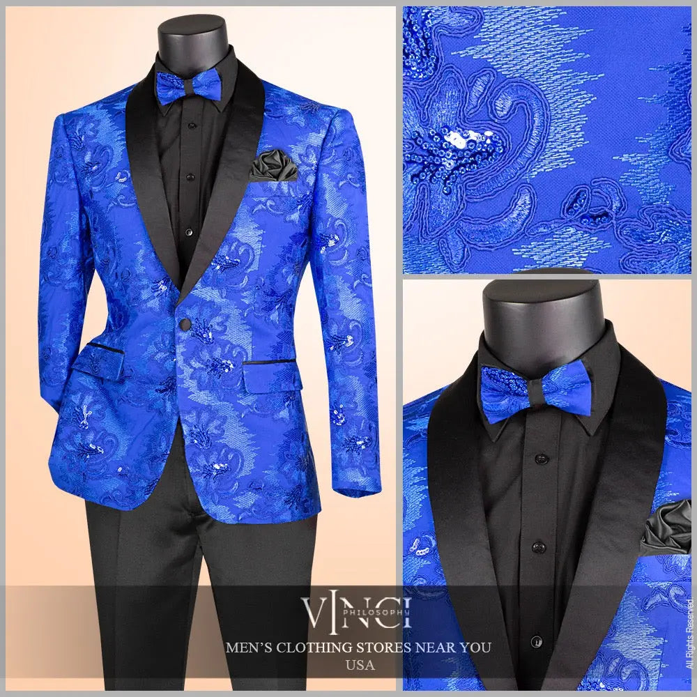 Men's Slim Fit Embroidery Blazer with Bowtie | Shawl Lapel Tuxedo Jacket M & R Clothing