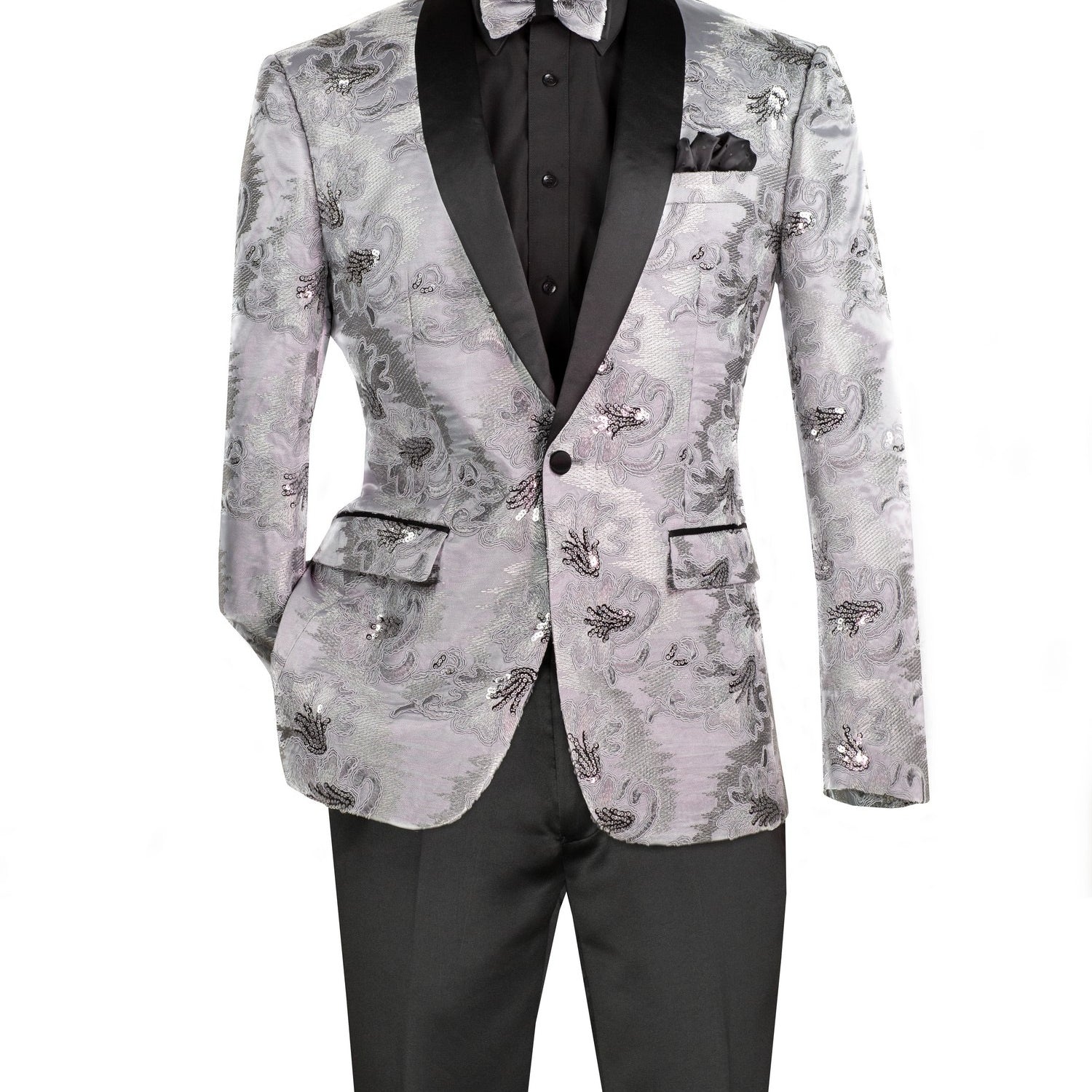 Men's Slim Fit Embroidery Blazer with Bowtie | Shawl Lapel Tuxedo Jacket