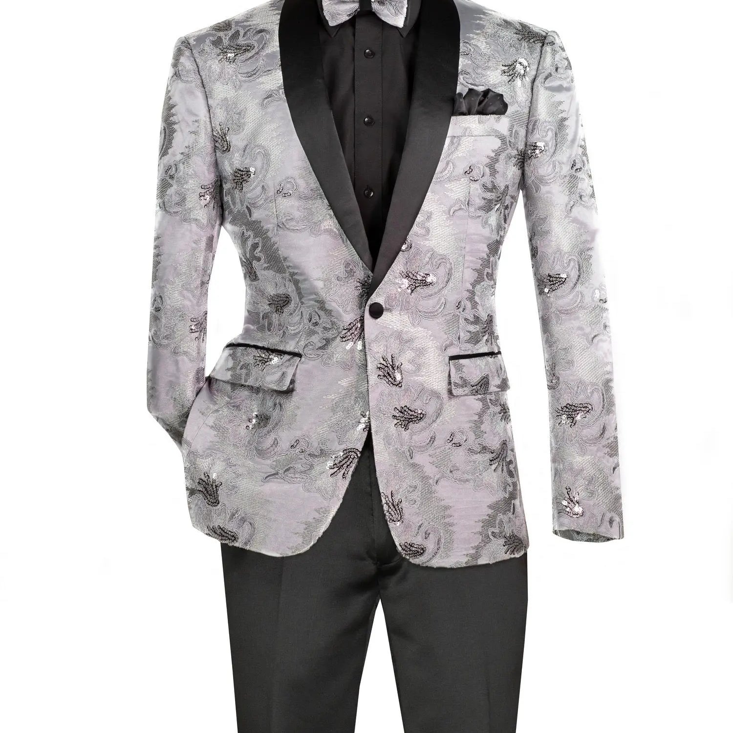 Men's Slim Fit Embroidery Blazer with Bowtie | Shawl Lapel Tuxedo Jacket M & R Clothing