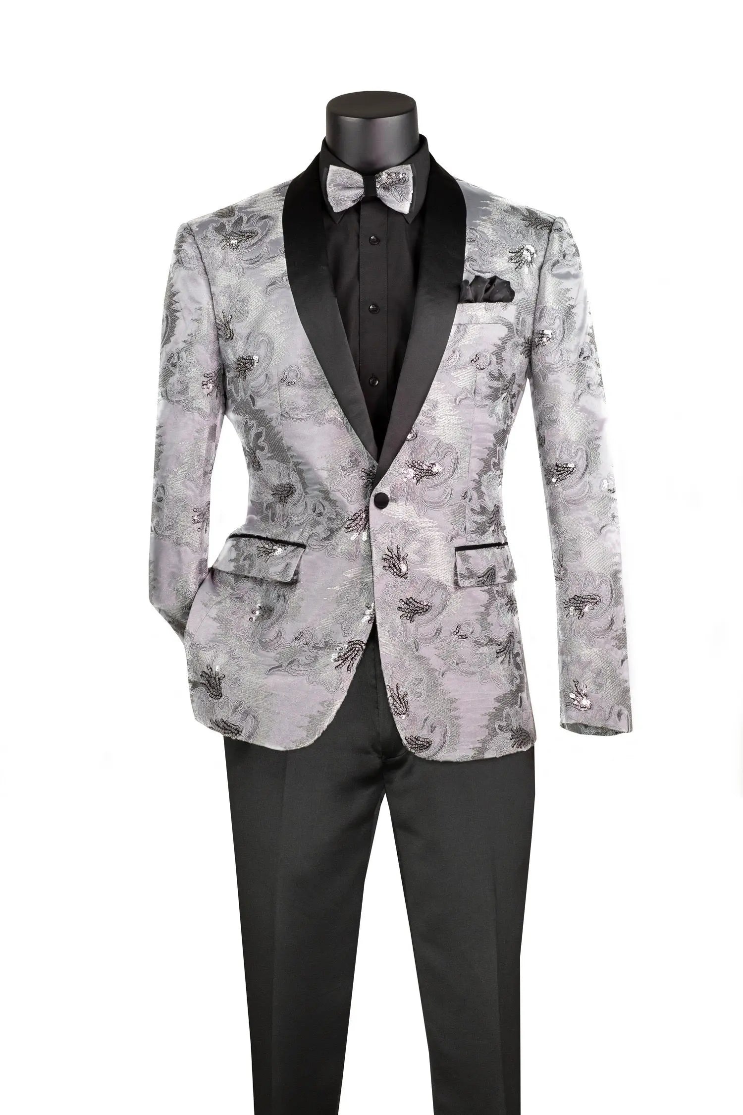 Men's Slim Fit Embroidery Blazer with Bowtie | Shawl Lapel Tuxedo Jacket M & R Clothing