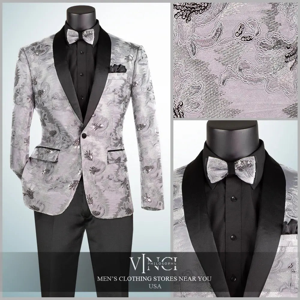 Men's Slim Fit Embroidery Blazer with Bowtie | Shawl Lapel Tuxedo Jacket M & R Clothing