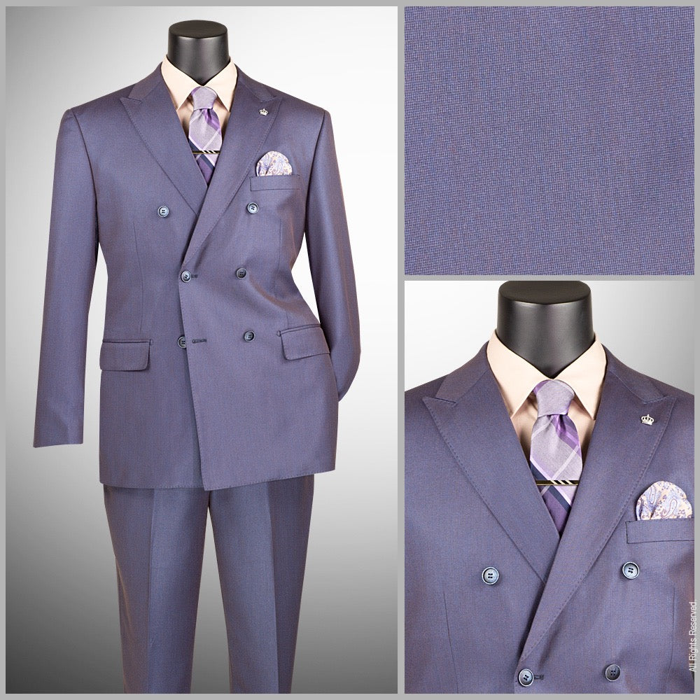 Purple suit with matching tie and pocket square on a gray background