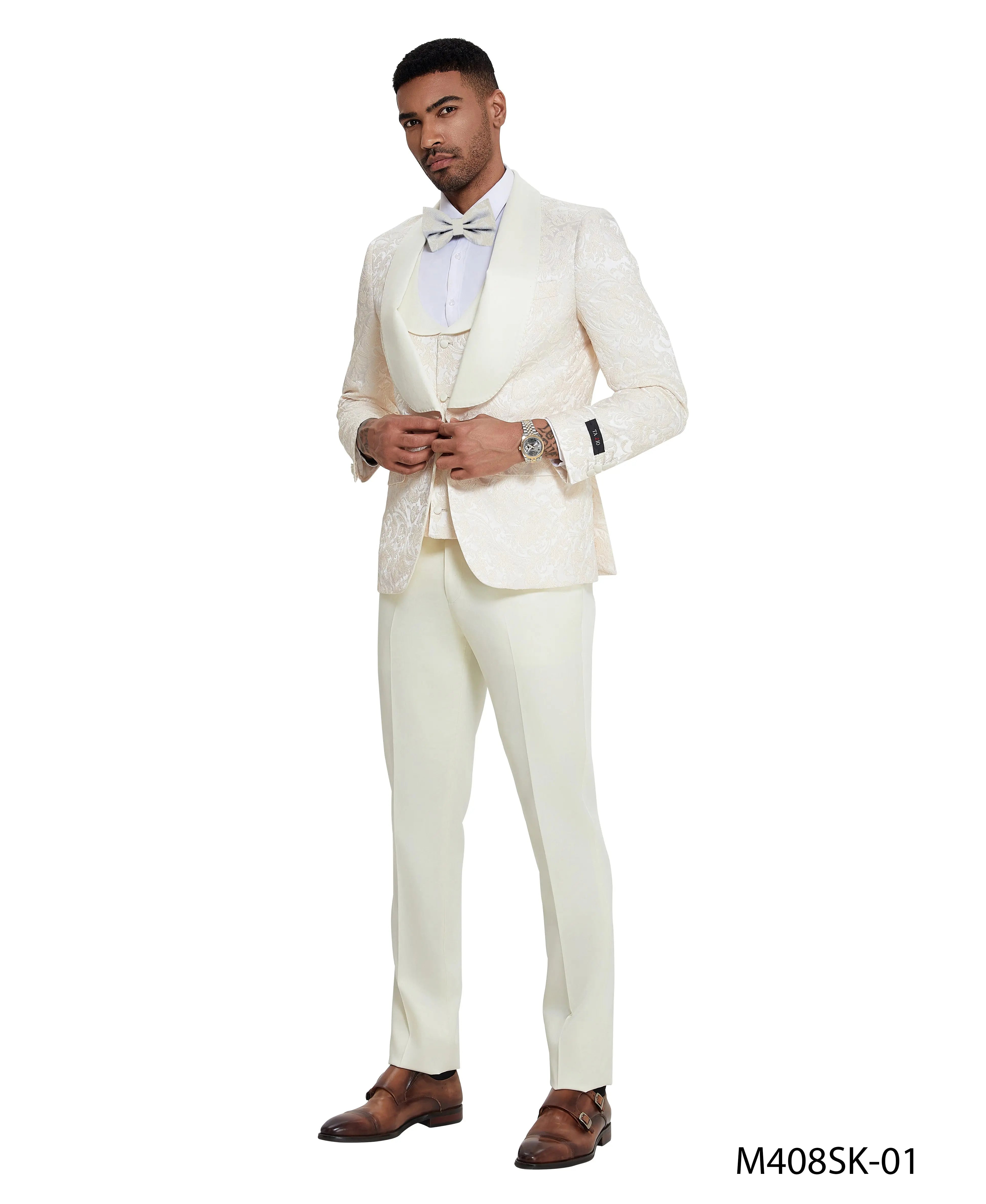 Men's 3-Piece Floral Jacquard Tuxedo Suit – Shawl Lapel with Satin Pants Tazzio