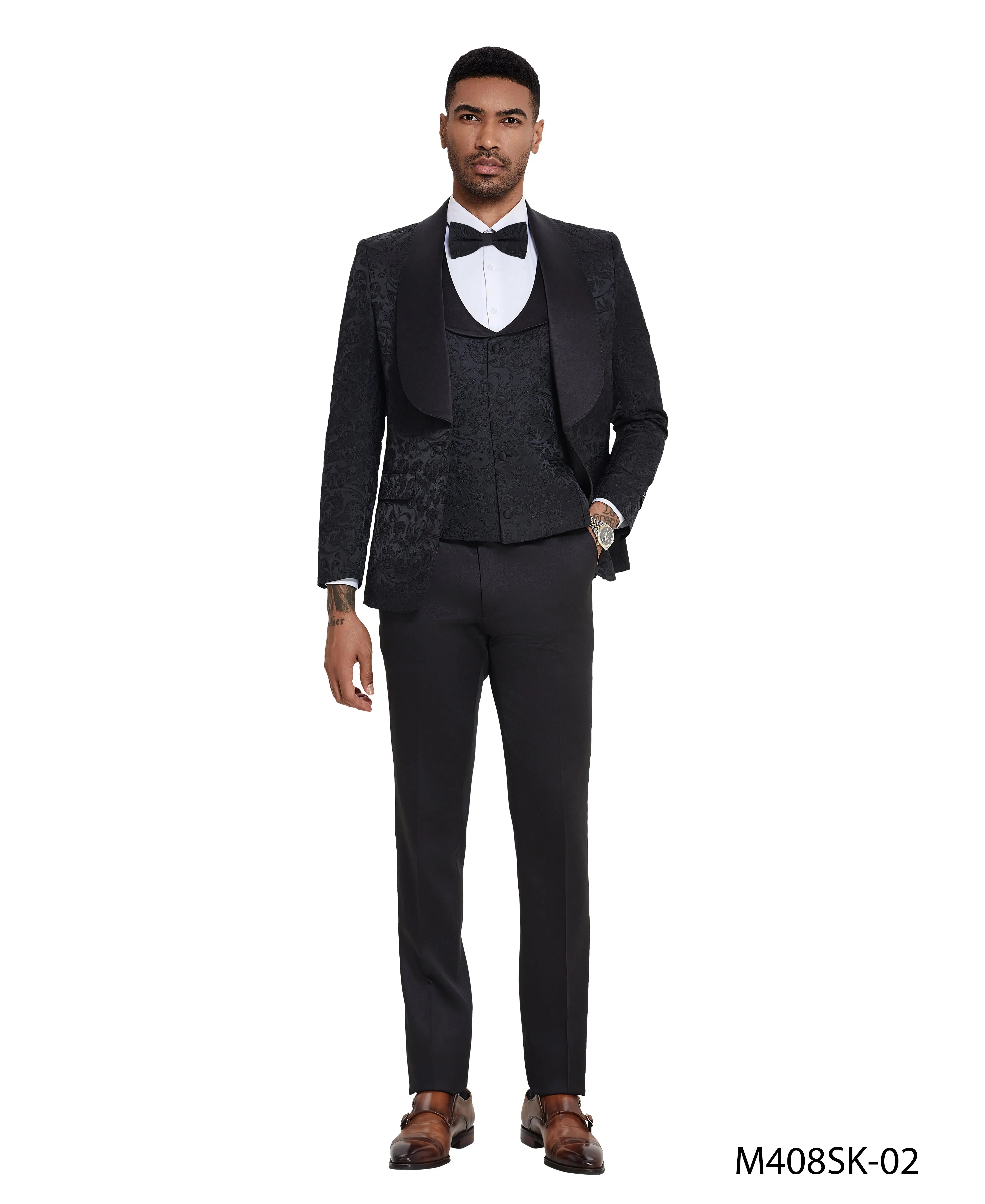 Men's 3-Piece Floral Jacquard Tuxedo Suit – Shawl Lapel with Satin Pants Tazzio