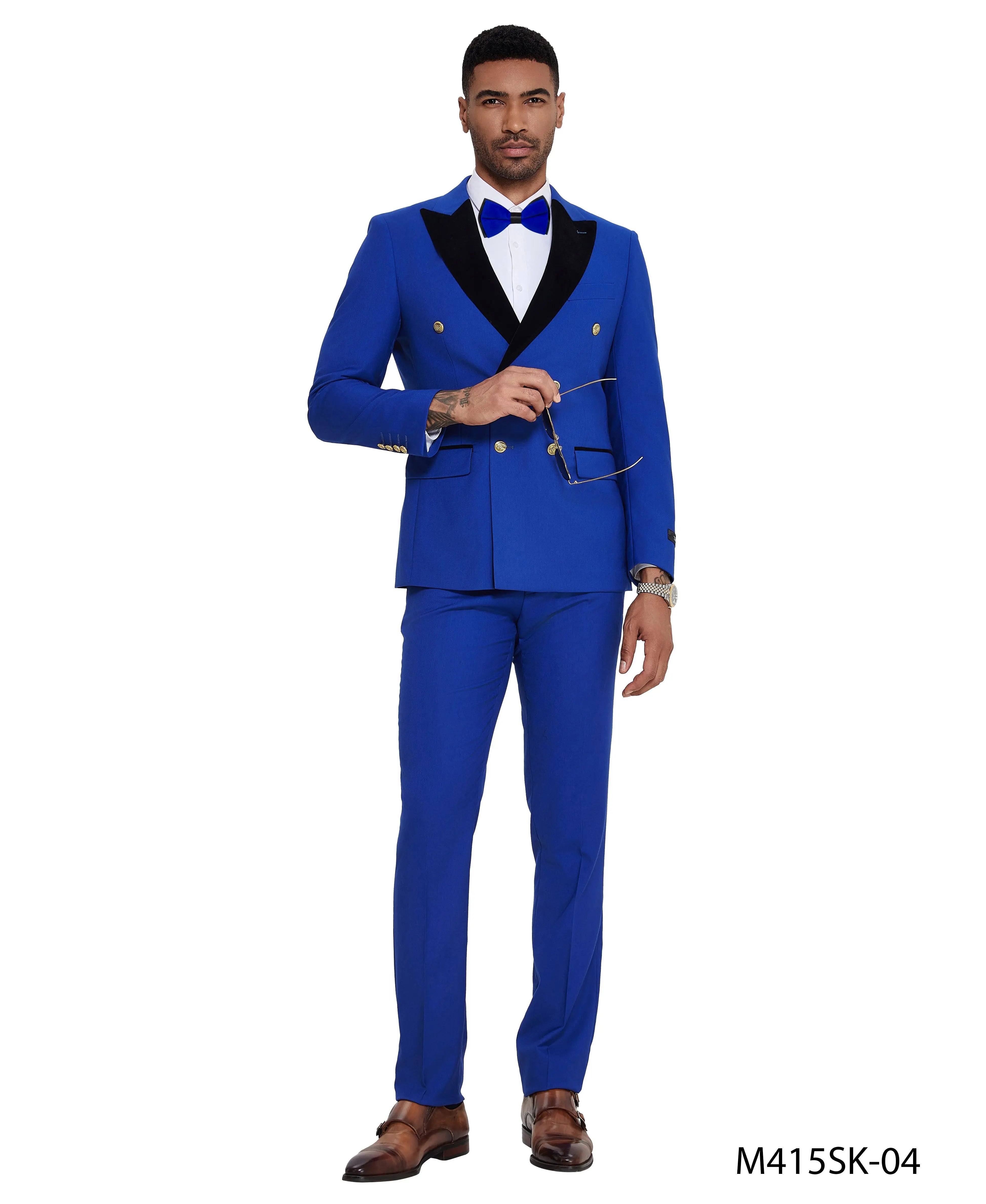 Men's 2-Piece Satin Peak Lapel Double Breasted Suit | Tazzio Tazzio