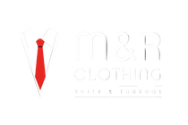 Logo of M&R Clothing with a suit icon on a white font