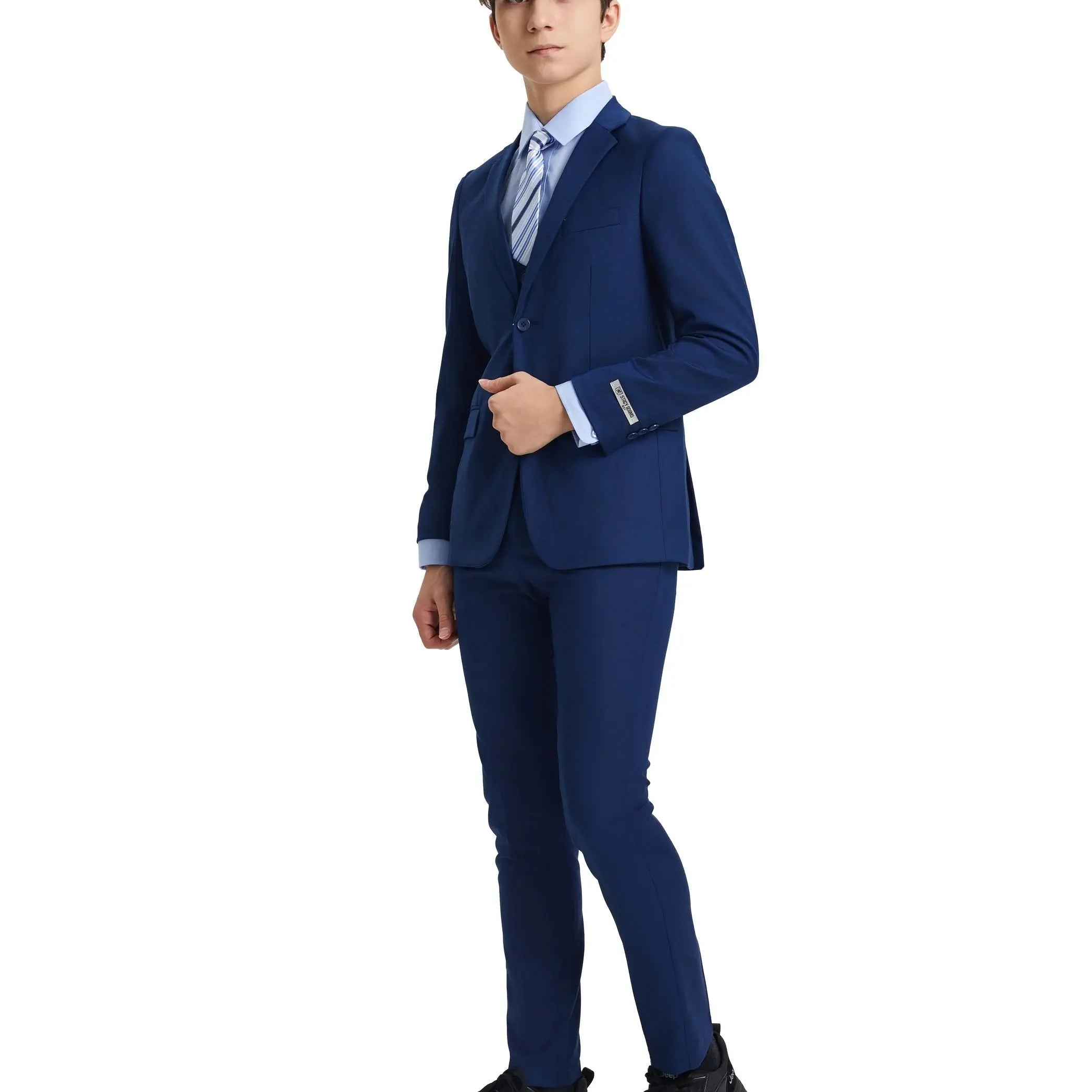 Person wearing a blue suit on a white background