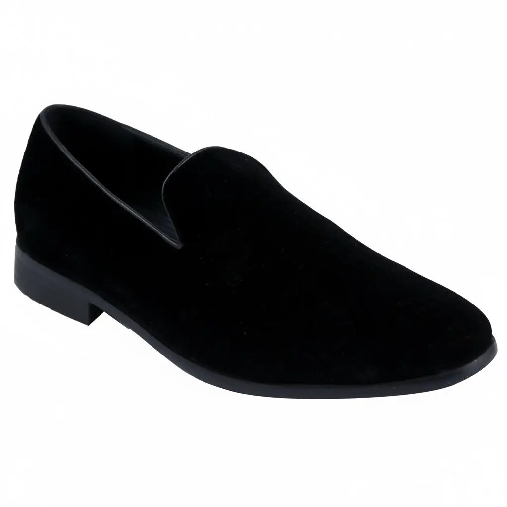 Black suede loafer shoe on a white background