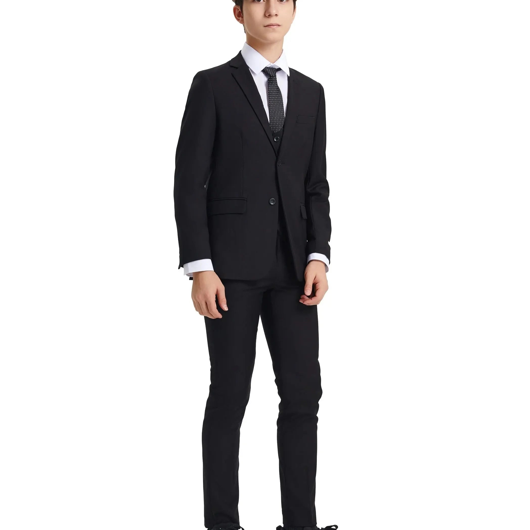 Person wearing a black suit on a white background