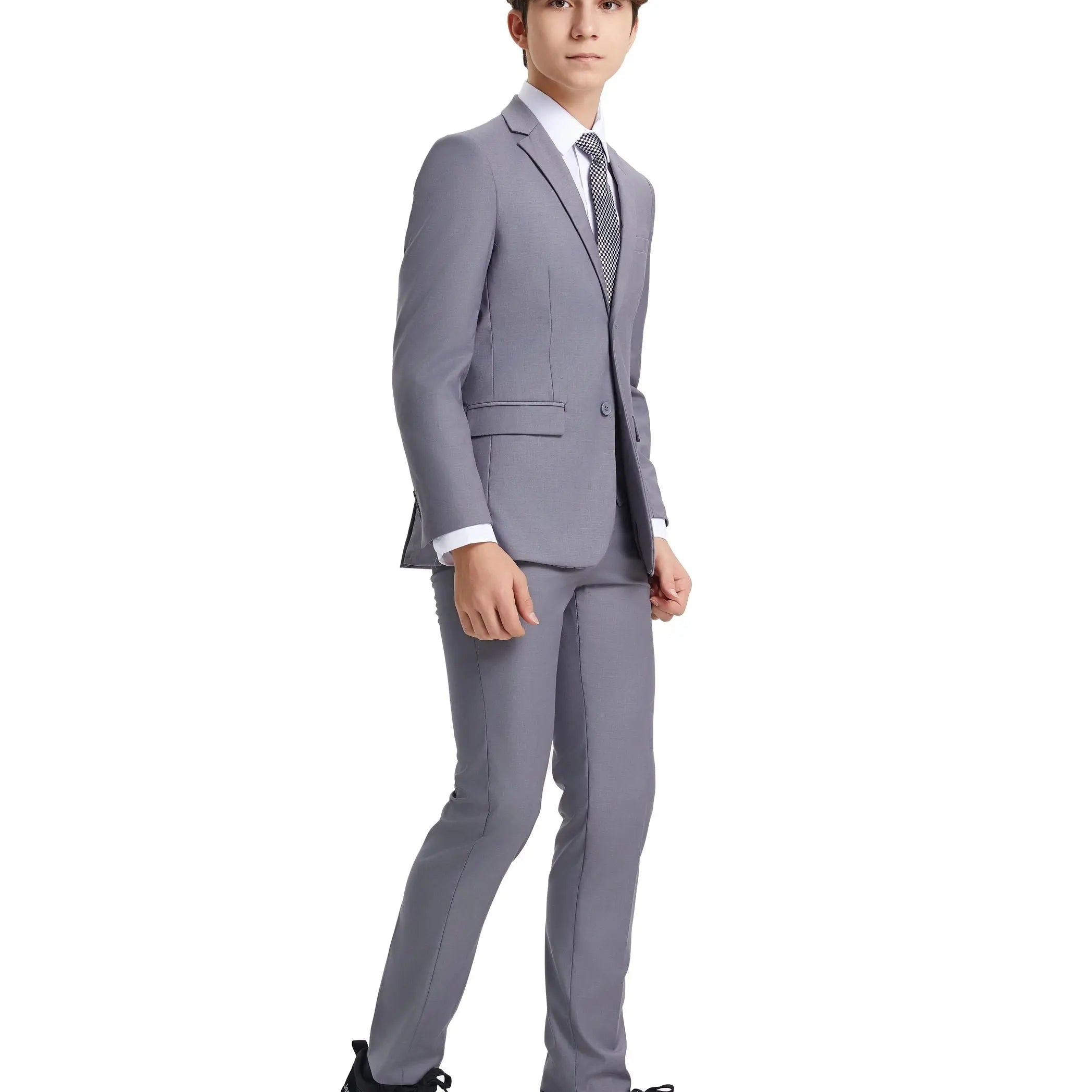 Person wearing a gray suit on a white background