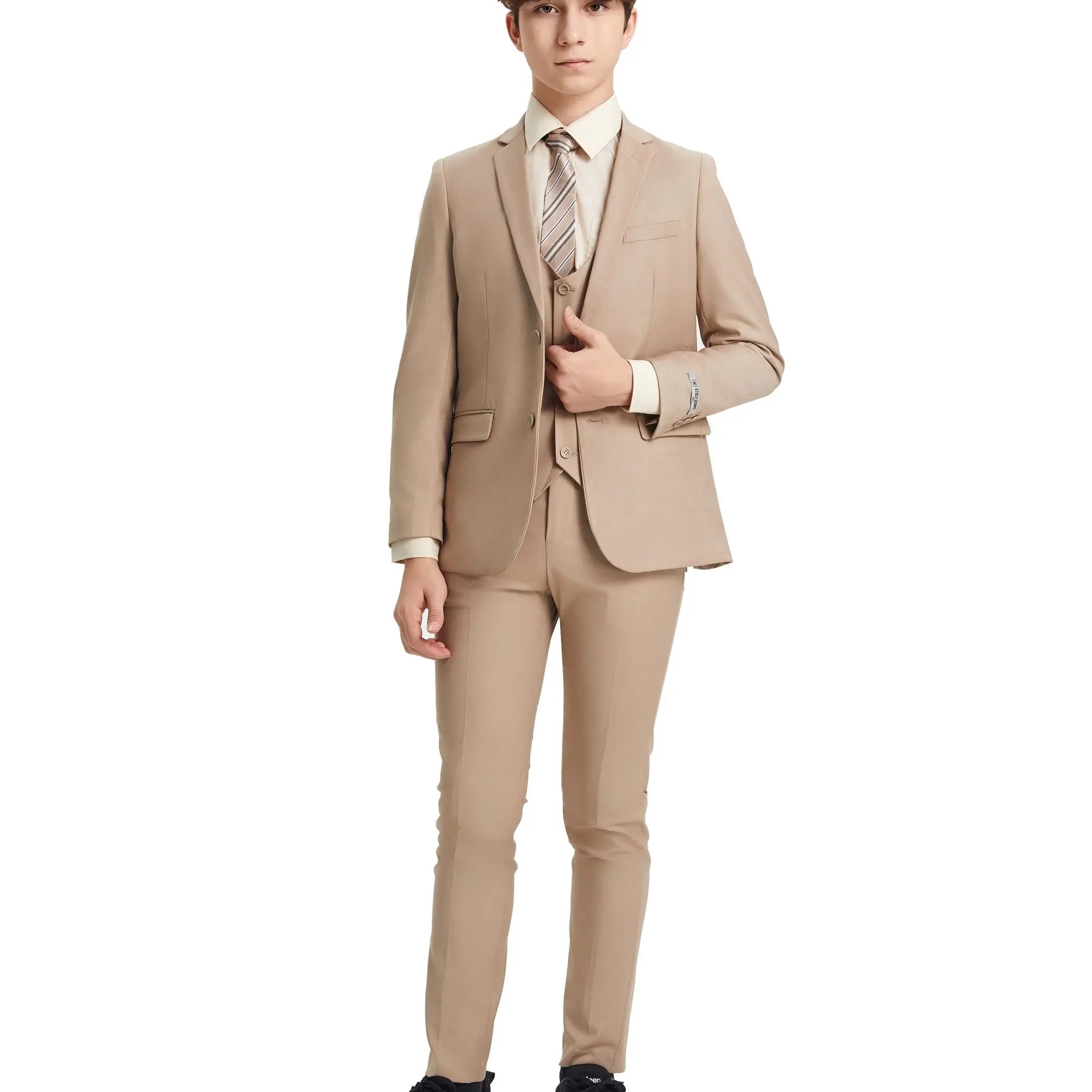 Man wearing a beige suit with a white shirt and striped tie on a white background